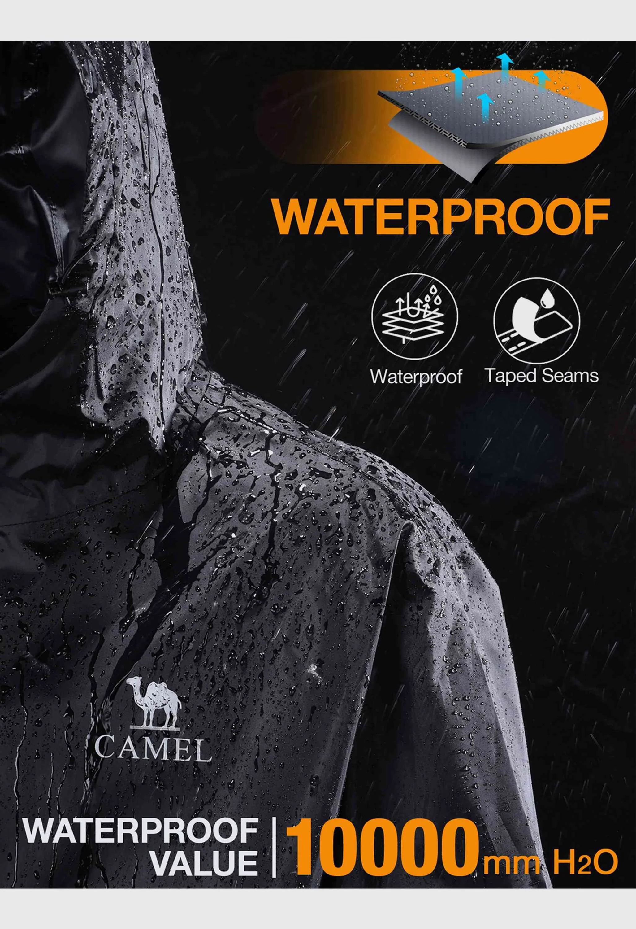 CAMEL CROWN Men's Spring Black Regular Fit Short Lightweight Hiking Watreproof Raincoat - Image 7