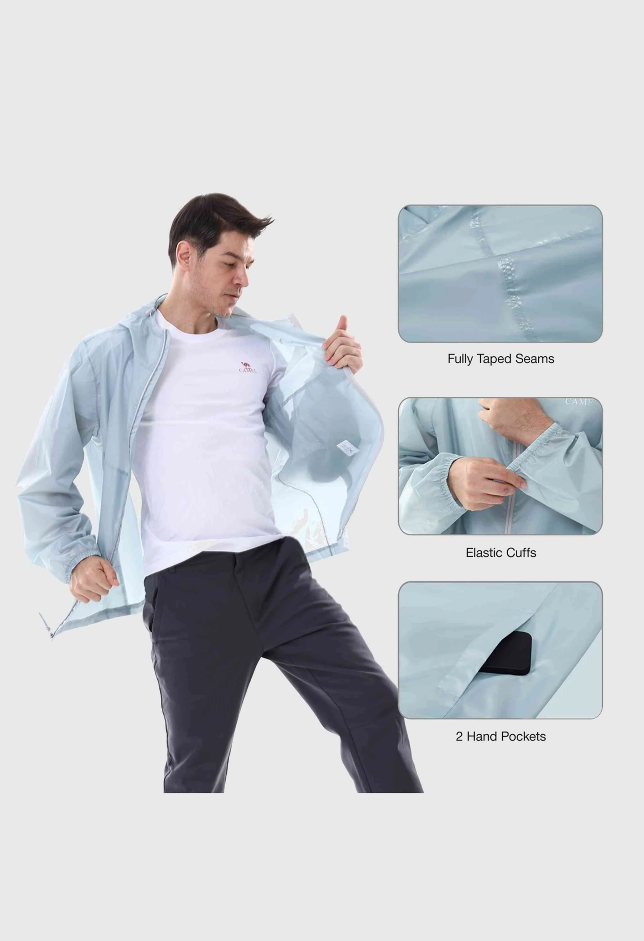 CAMEL CROWN Men's Spring Gray Regular Fit Short Lightweight Hiking Watreproof Raincoat - Image 5