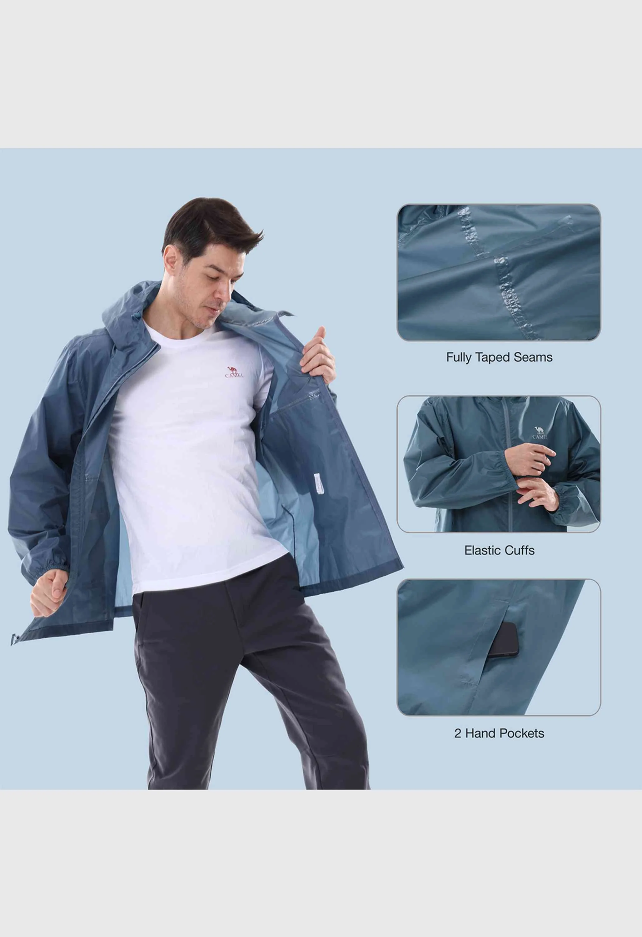 CAMEL CROWN Men's Spring Green Regular Fit Short Lightweight Hiking Watreproof Raincoat - Image 5