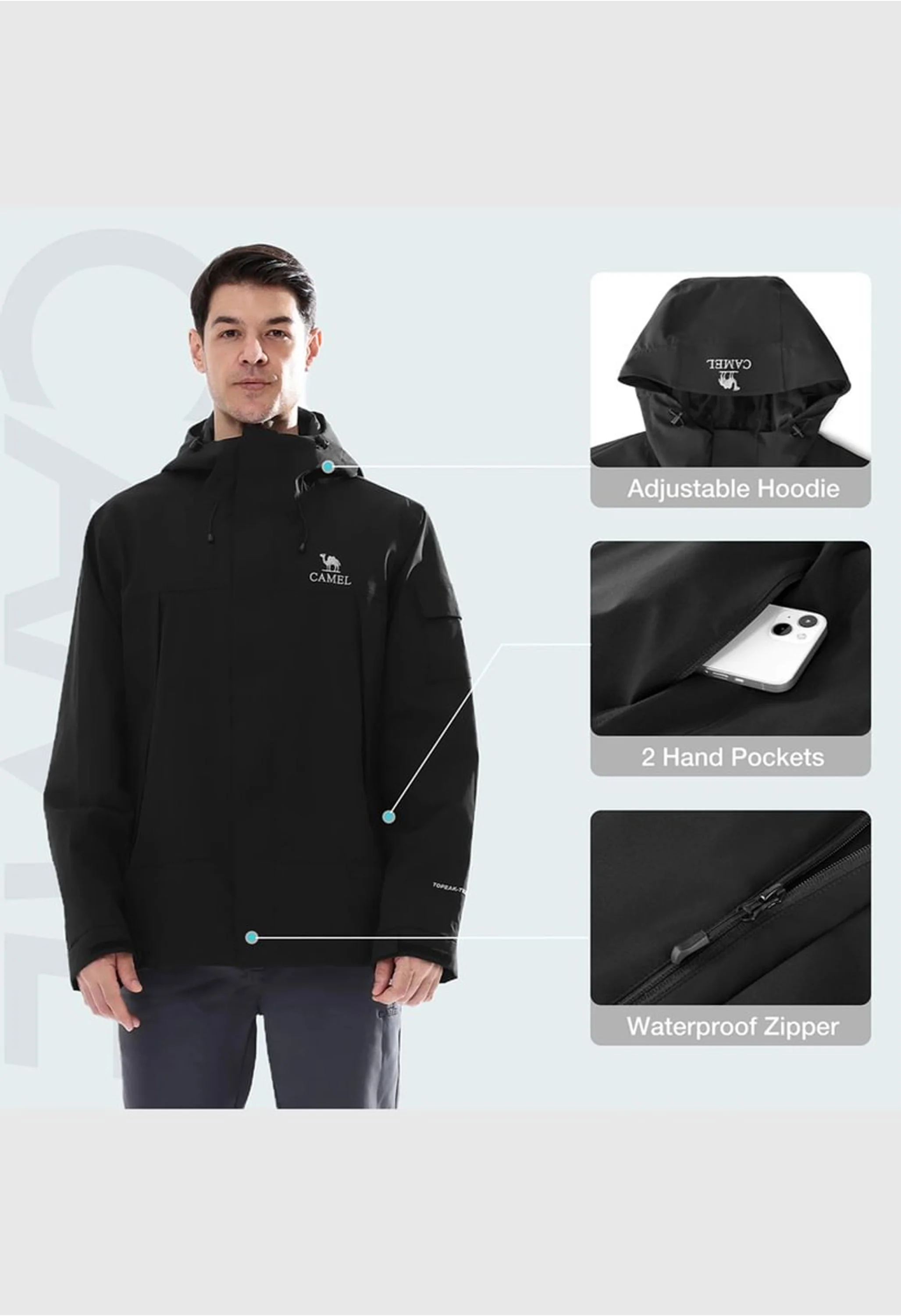 Men's Hiking Black Regular Fit Short Lightweight Waterproof Windproof Jacket - Image 6