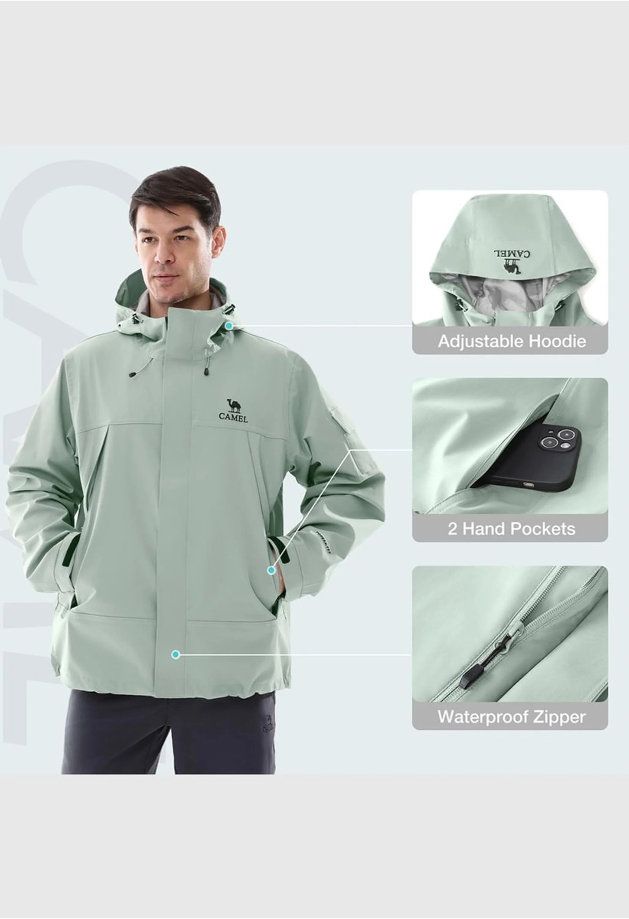 Men's Hiking Gray Regular Fit Short Lightweight Waterproof Windproof Jacket - Image 6