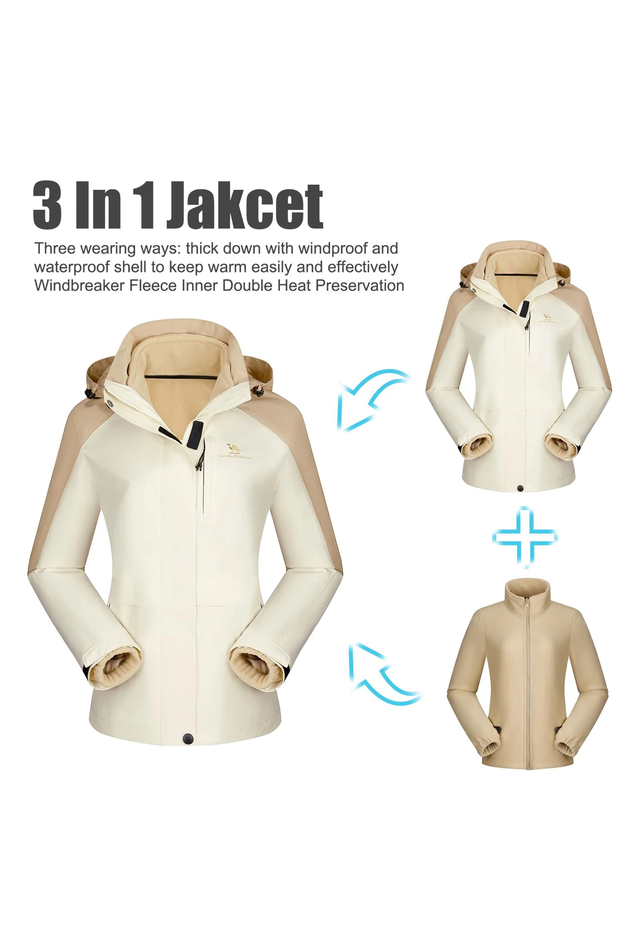 Women's Ski Apricot Regular Fit Short Waterproof Windproof 3in1 Jacket - Image 4