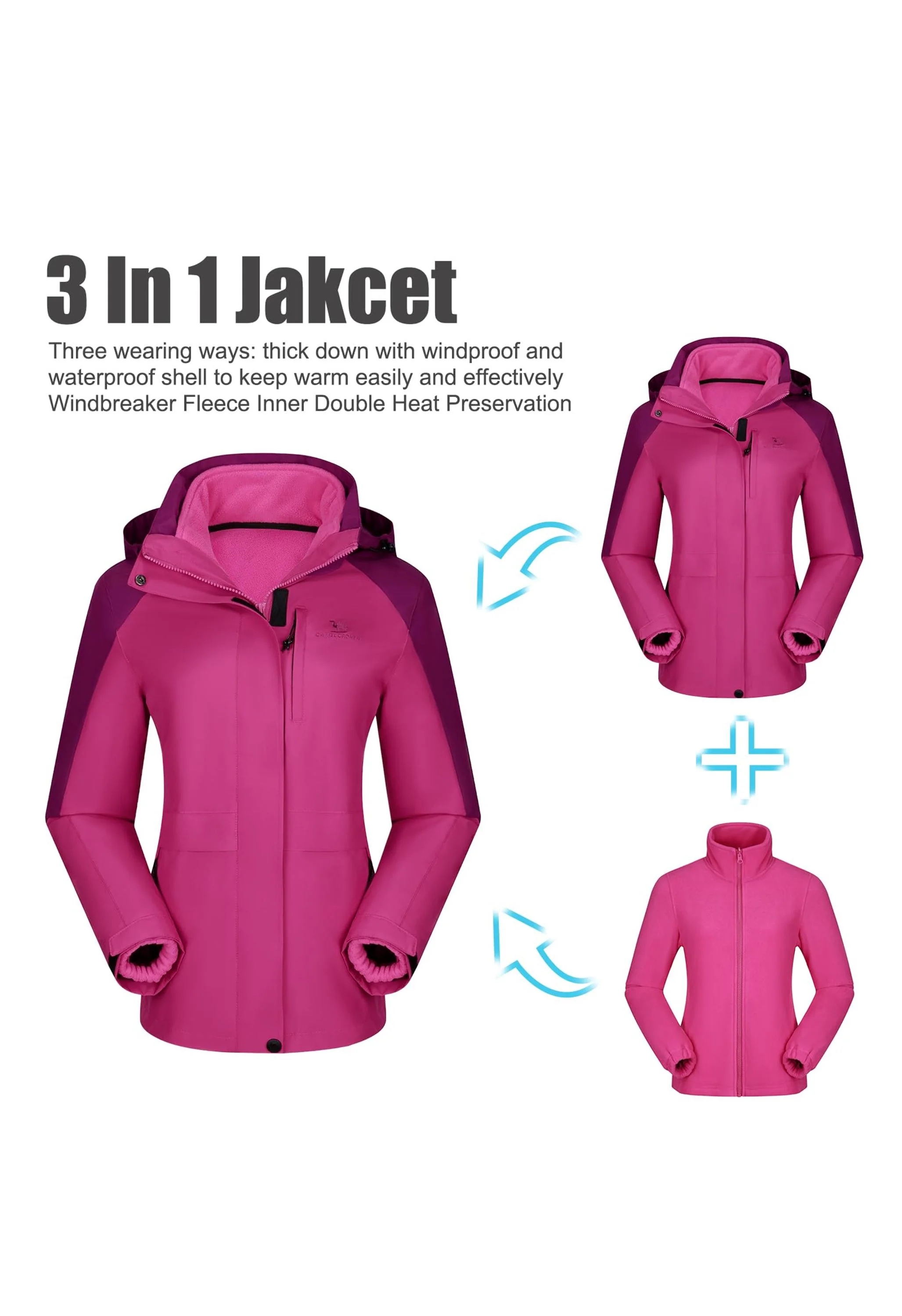 Women's Ski Red Regular Fit Short Waterproof Windproof 3in1 Jacket - Image 4