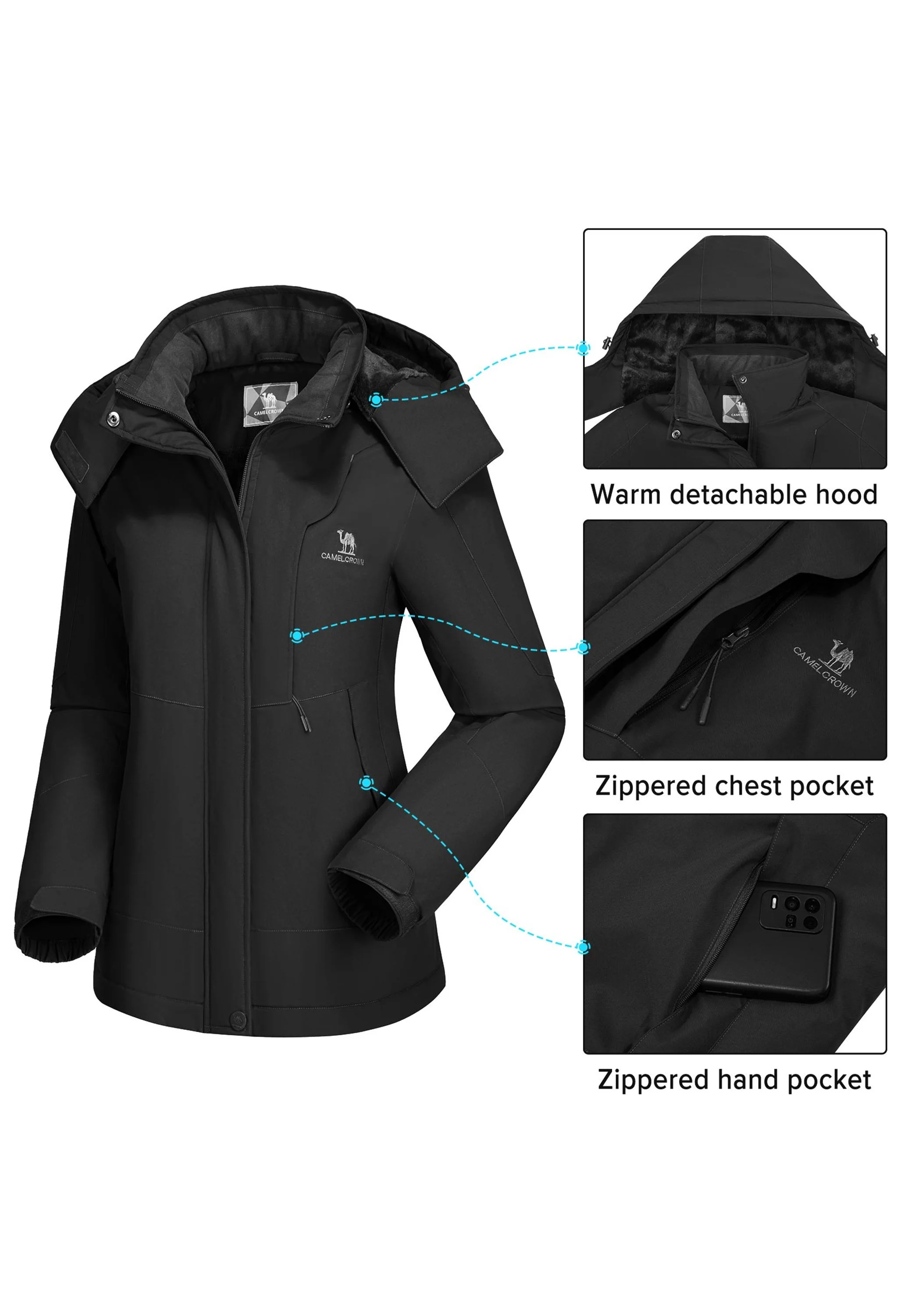 Women's Winter Black Regular Fit Short Waterproof Windproof Ski Jacket - Image 4