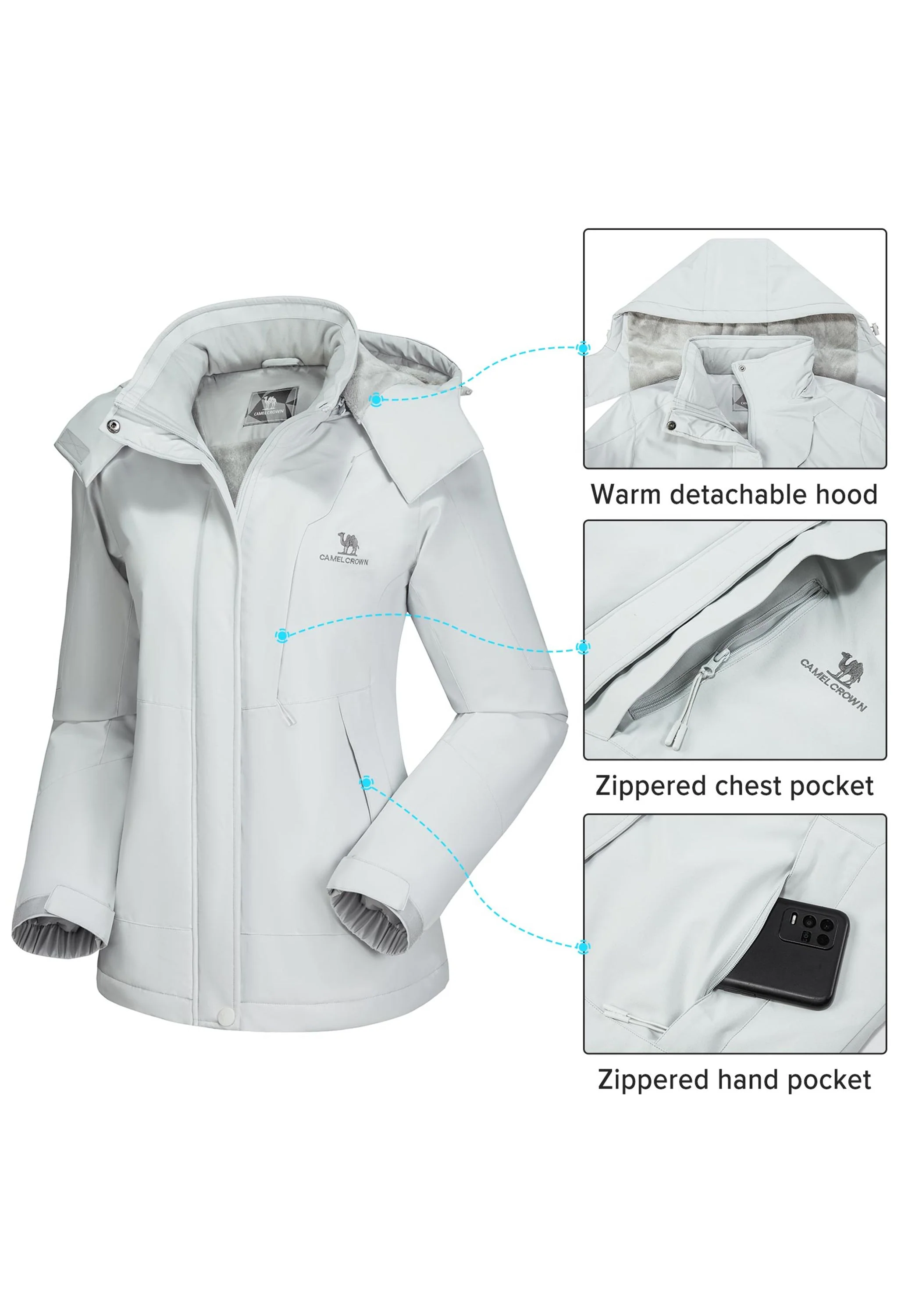 Women's Winter Gray Regular Fit Short Waterproof Windproof Ski Jacket - Image 4