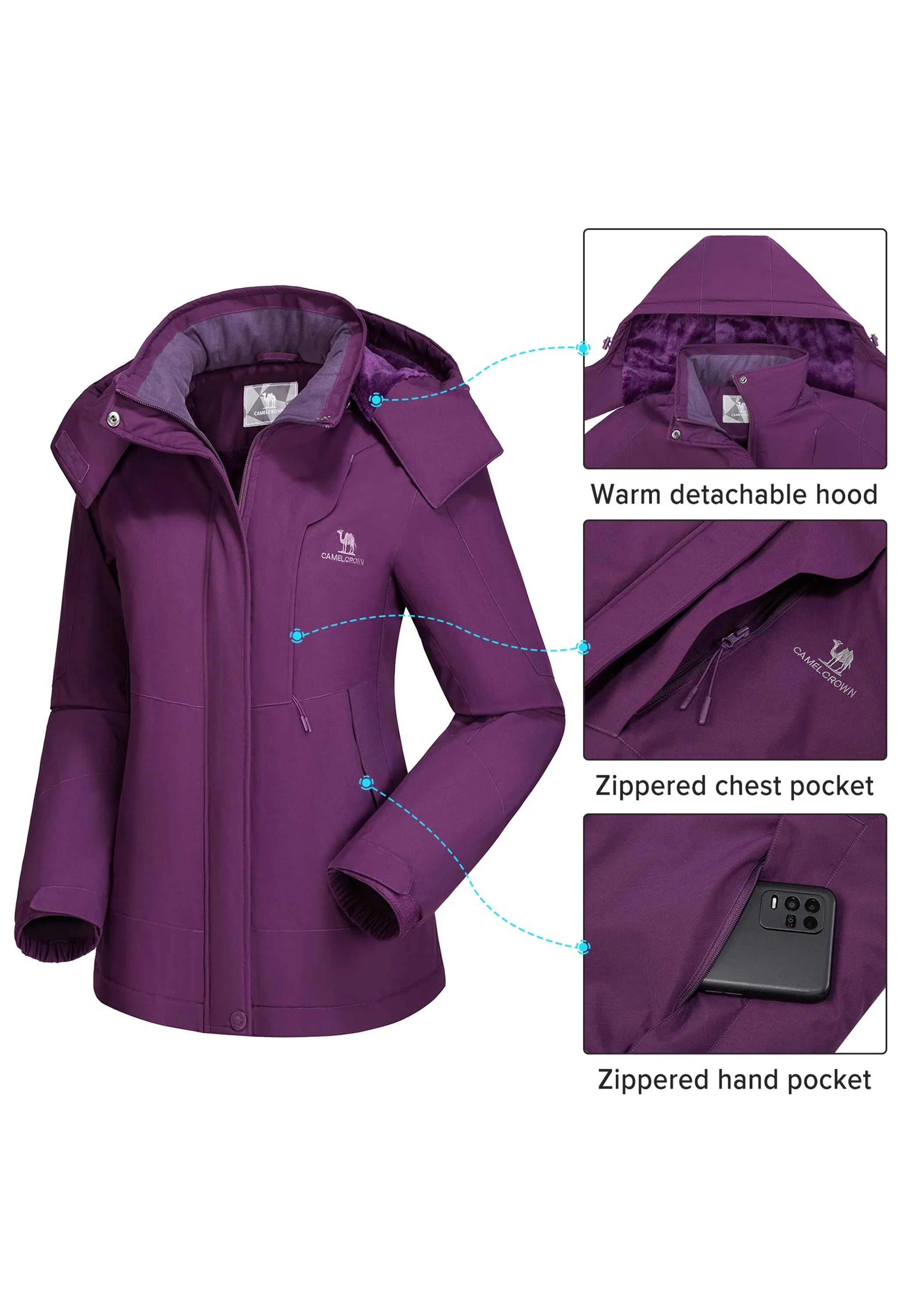 Women's Winter Purple Regular Fit Short Waterproof Windproof Ski Jacket - Image 4