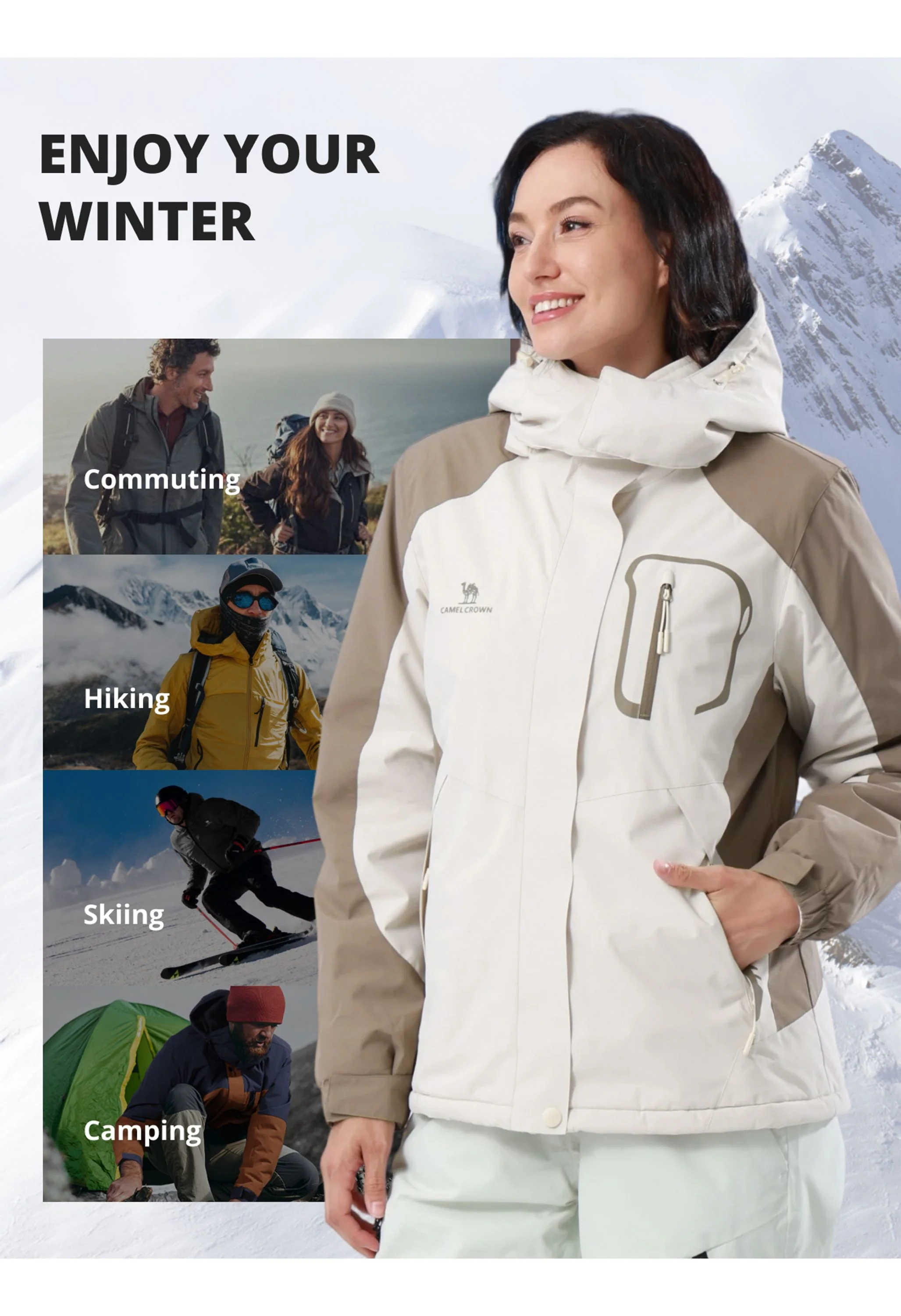 Women's Winter Beige Regular Fit Short Waterproof Windproof Ski Jacket - Image 7