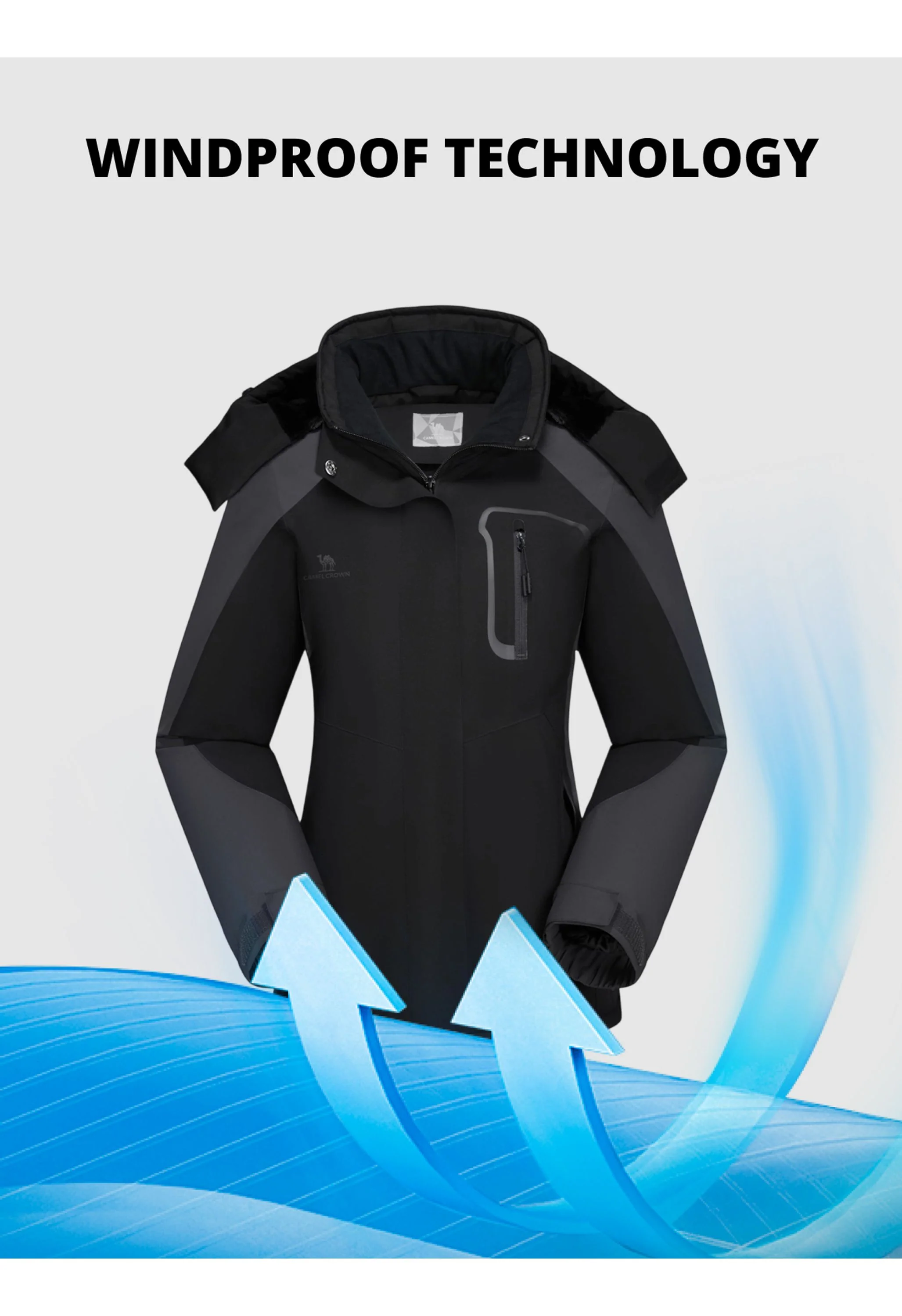 Women's Winter Black Regular Fit Short Waterproof Windproof Ski Jacket - Image 4