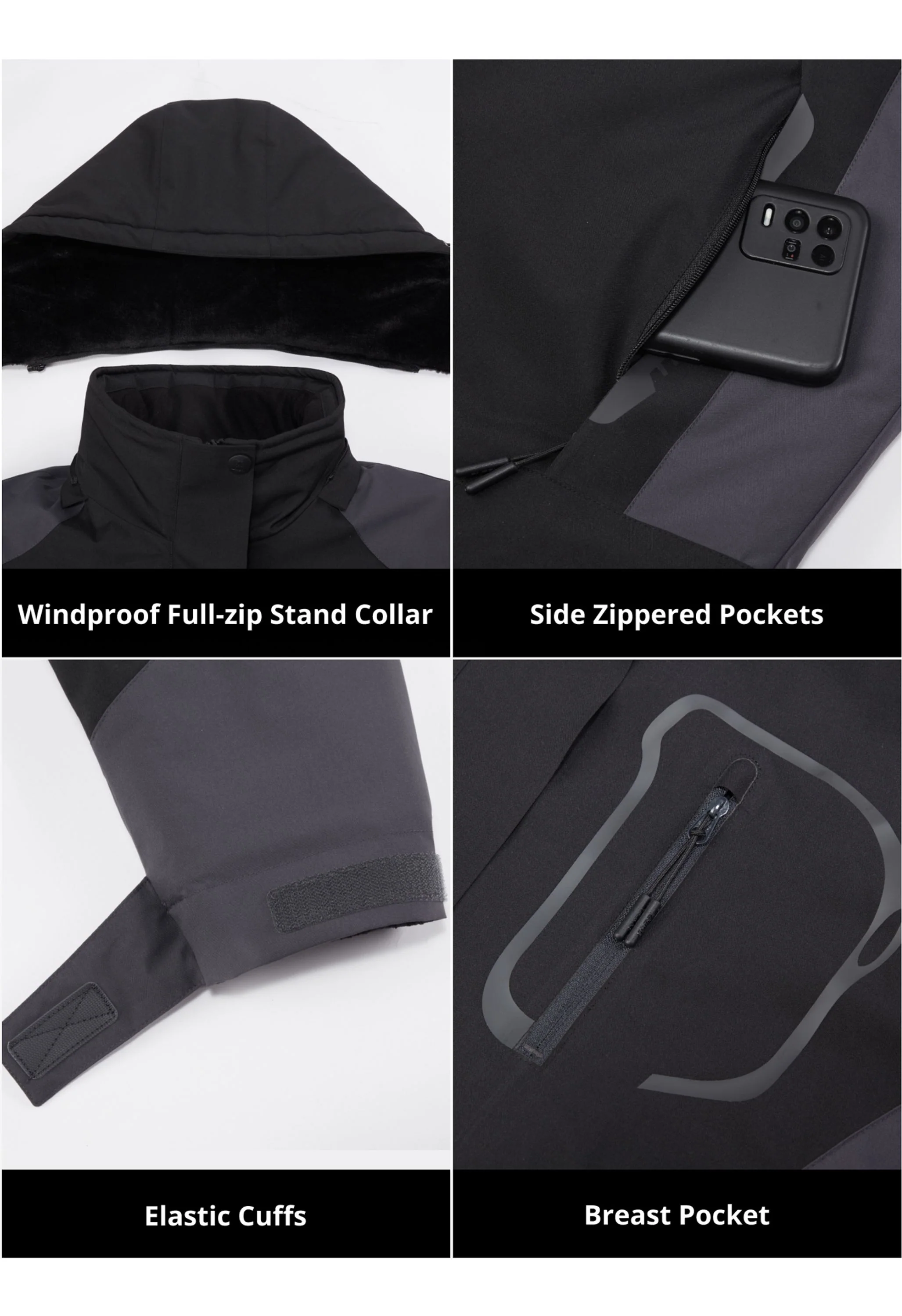 Women's Winter Black Regular Fit Short Waterproof Windproof Ski Jacket - Image 6
