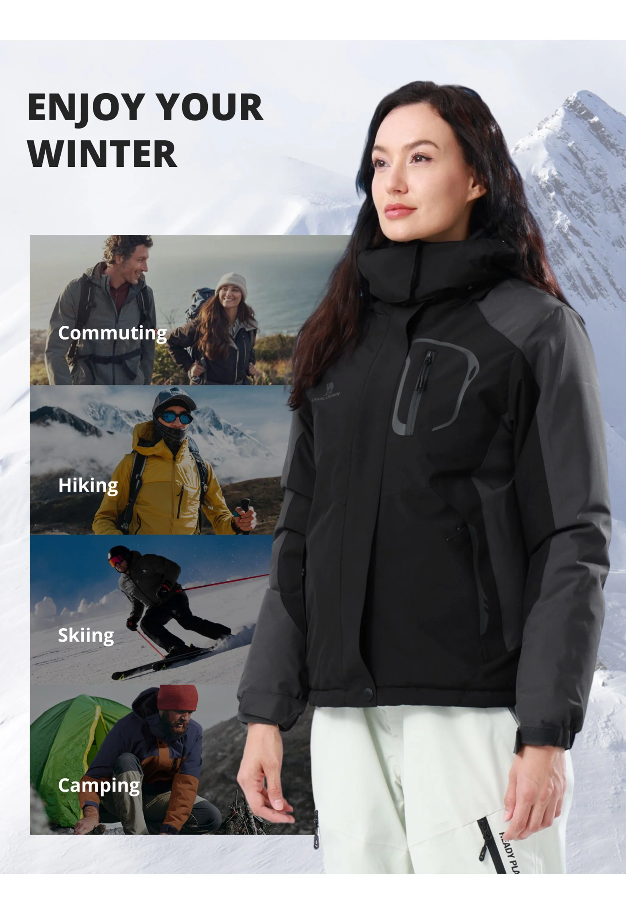 Women's Winter Black Regular Fit Short Waterproof Windproof Ski Jacket - Image 7
