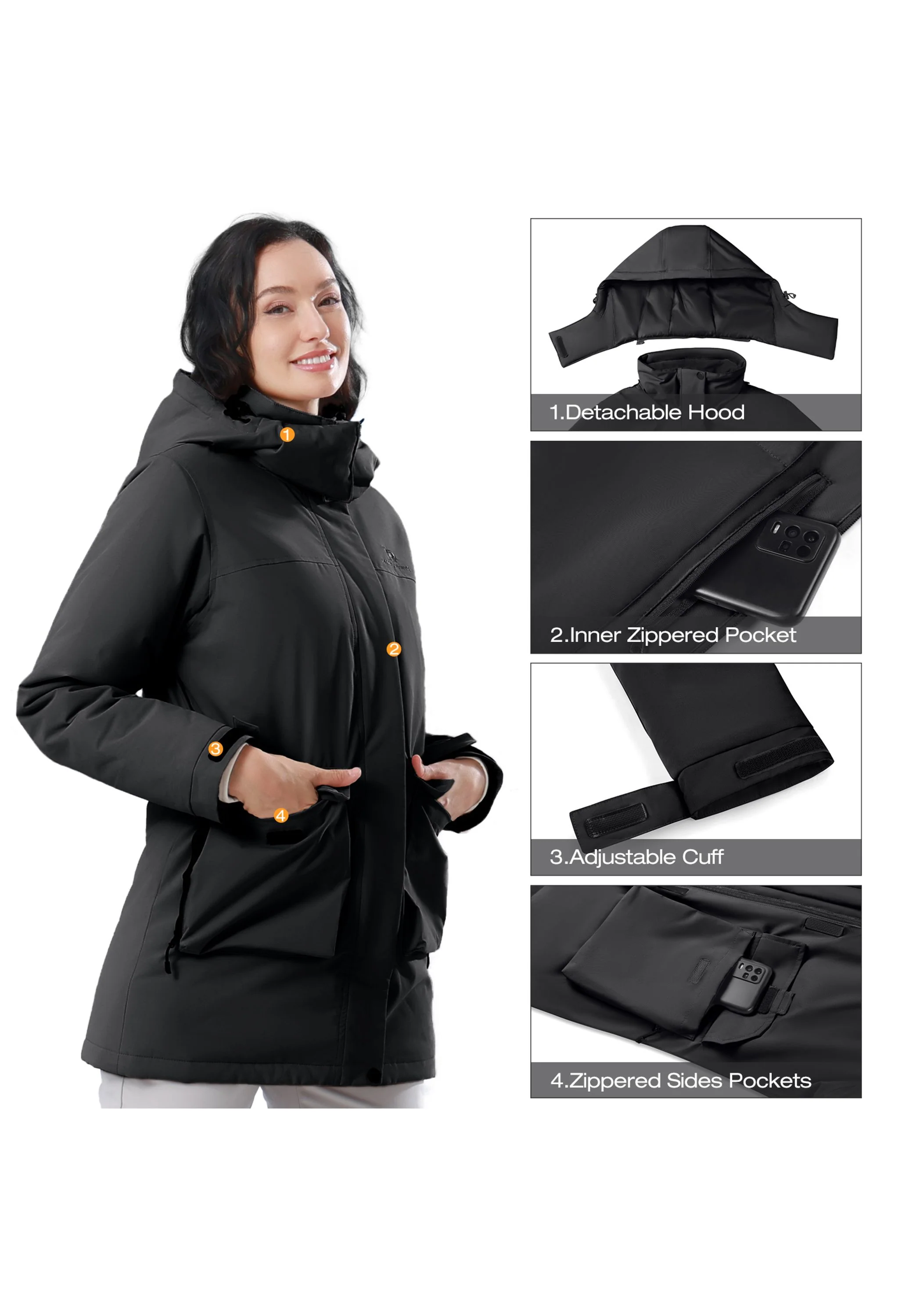 Women's Winter Black Regular Fit Short Waterproof Windproof Ski Jacket - Image 7
