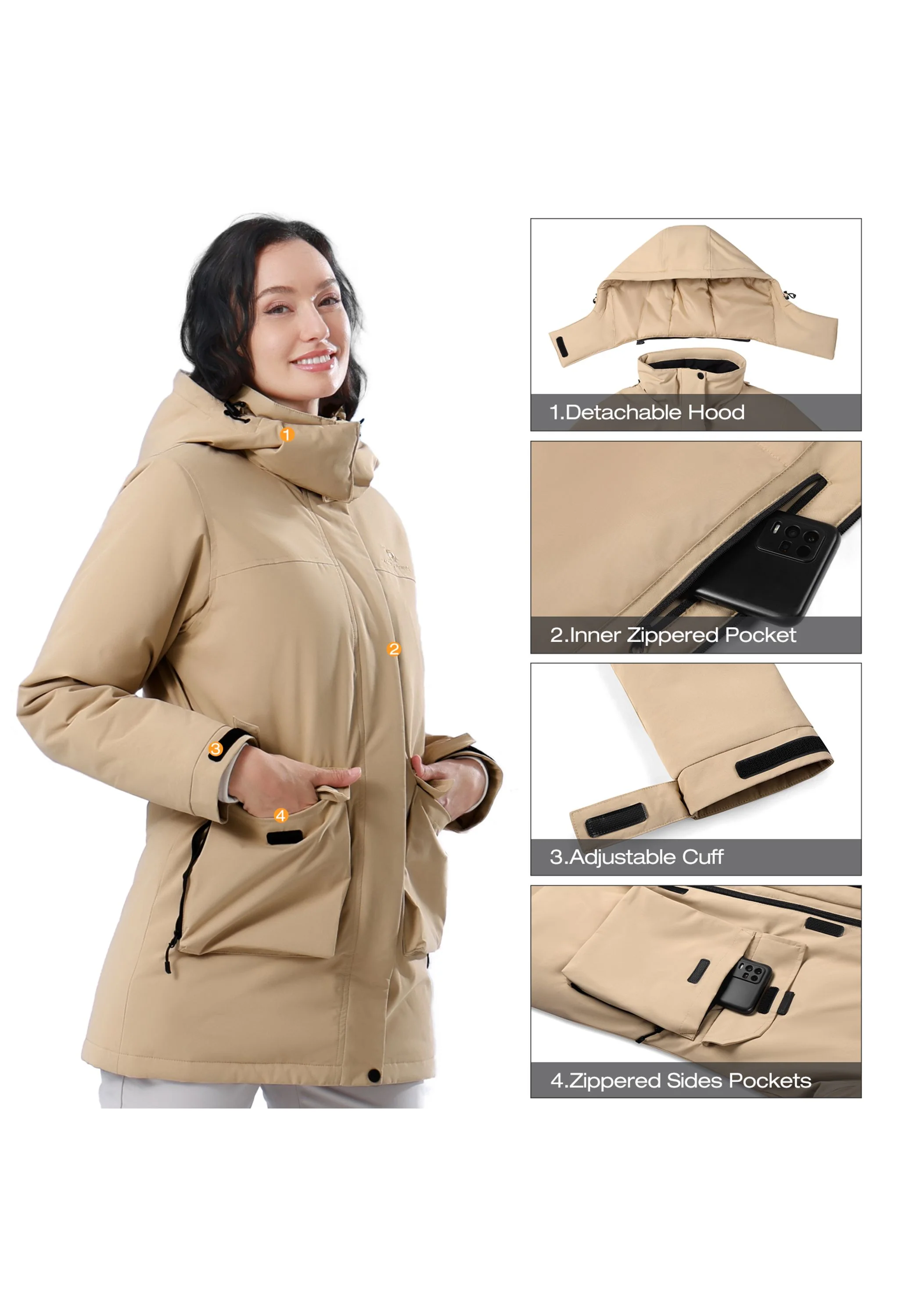 Women's Winter Brown Regular Fit Short Waterproof Windproof Ski Jacket - Image 7