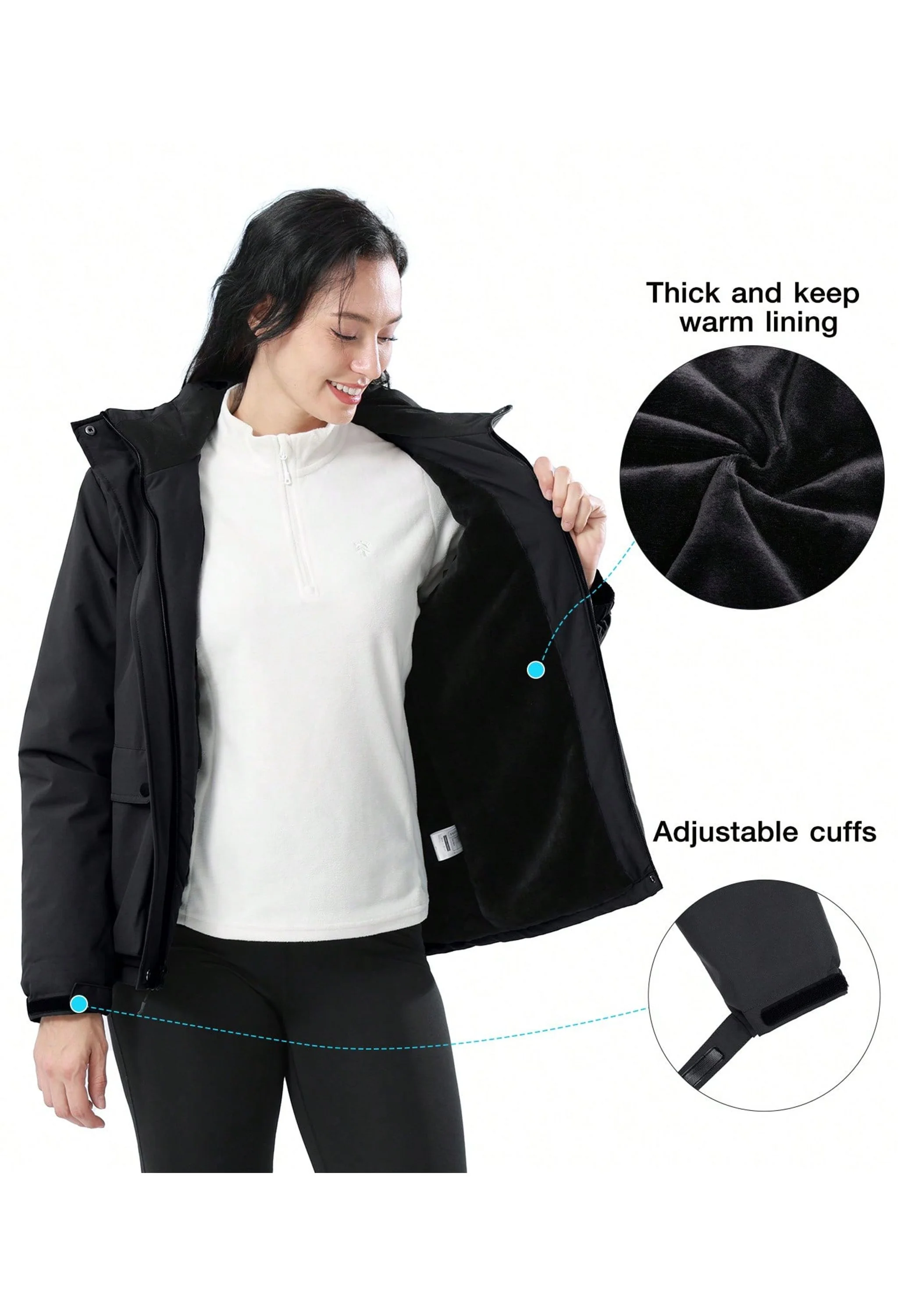 Women's Winter Black Regular Fit Short Waterproof Windproof Ski Jacket - Image 4
