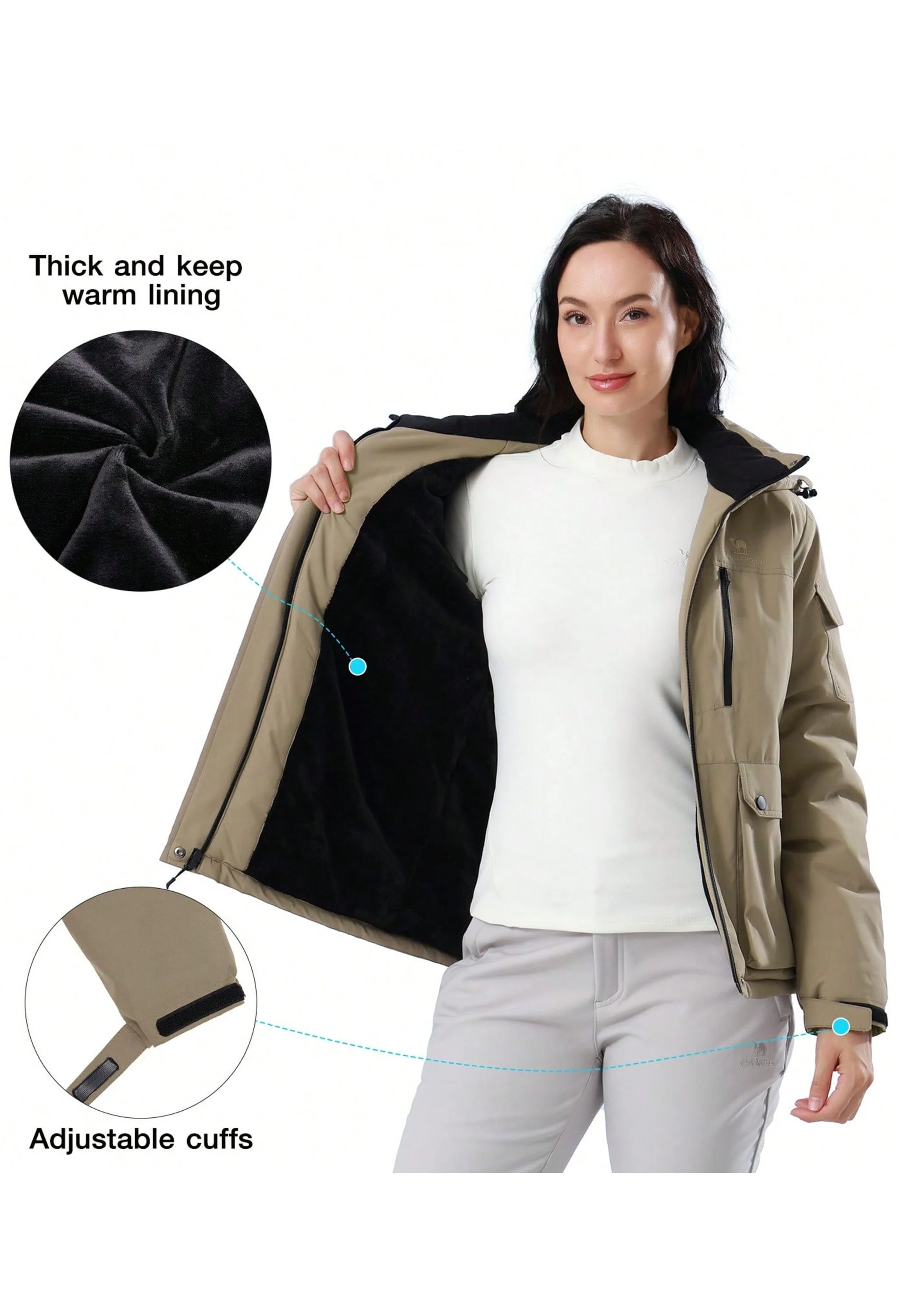 Women's Winter Brown Regular Fit Short Waterproof Windproof Ski Jacket - Image 4