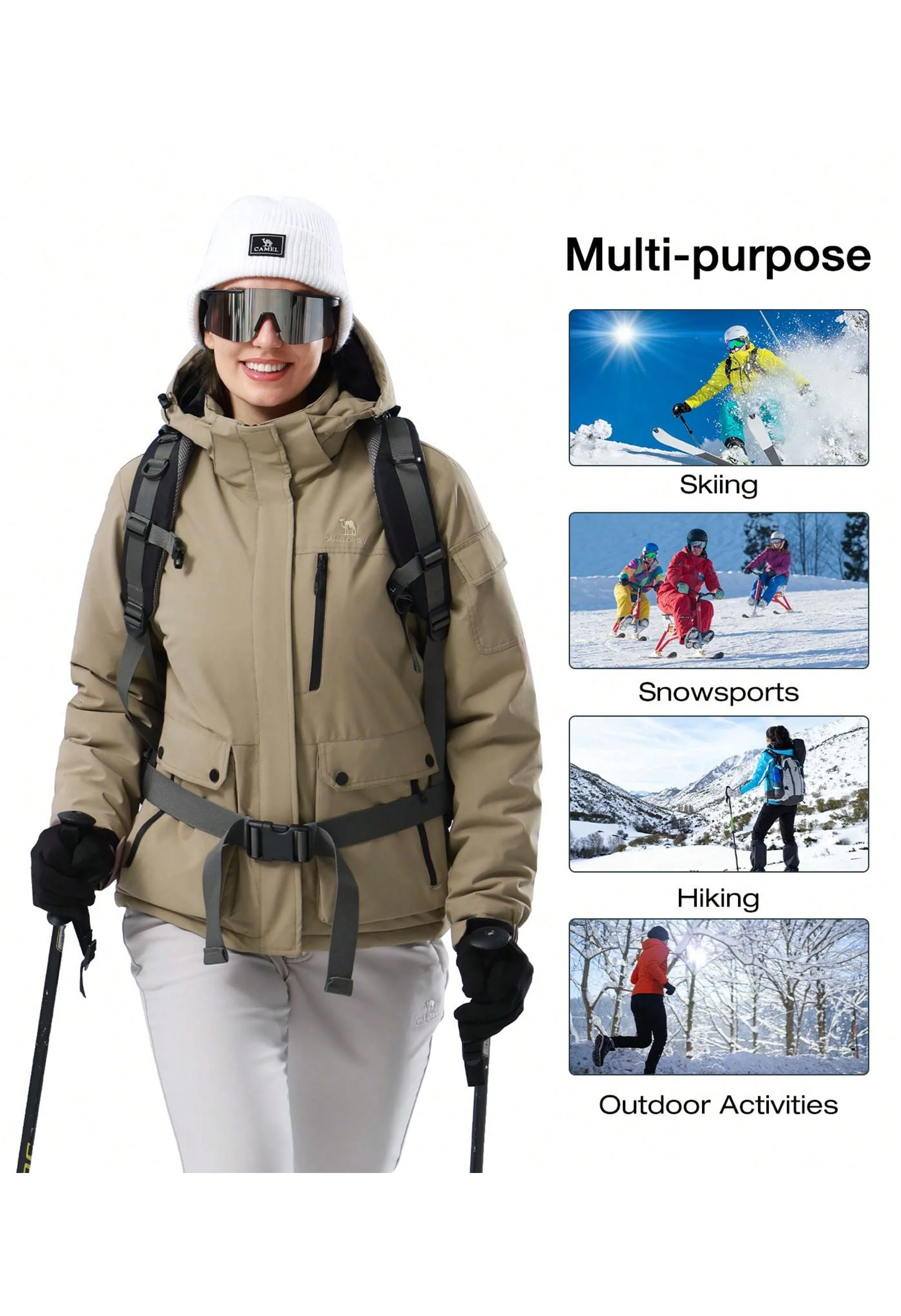 Women's Winter Brown Regular Fit Short Waterproof Windproof Ski Jacket - Image 6