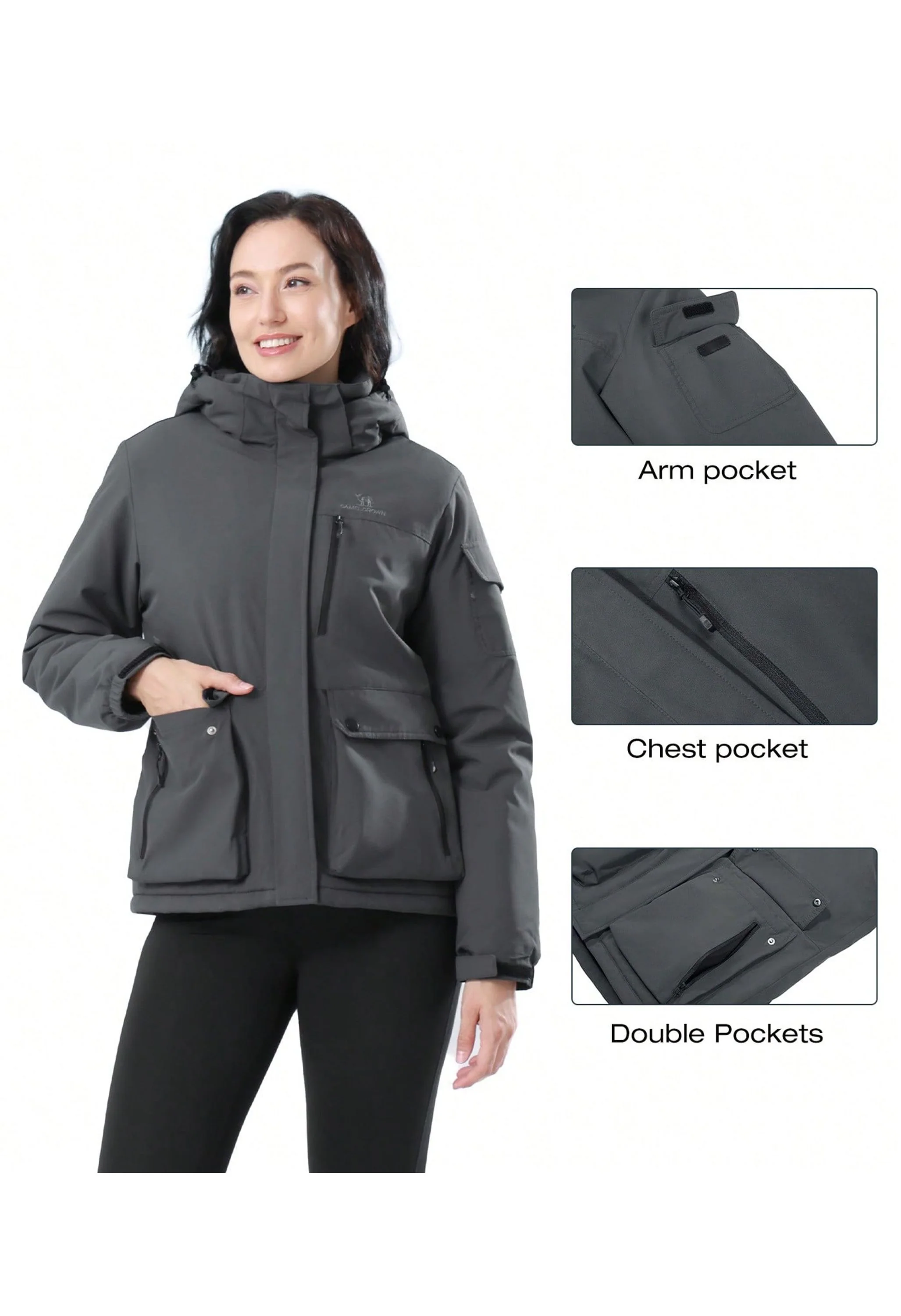 Women's Winter Gray Regular Fit Short Waterproof Windproof Ski Jacket - Image 3