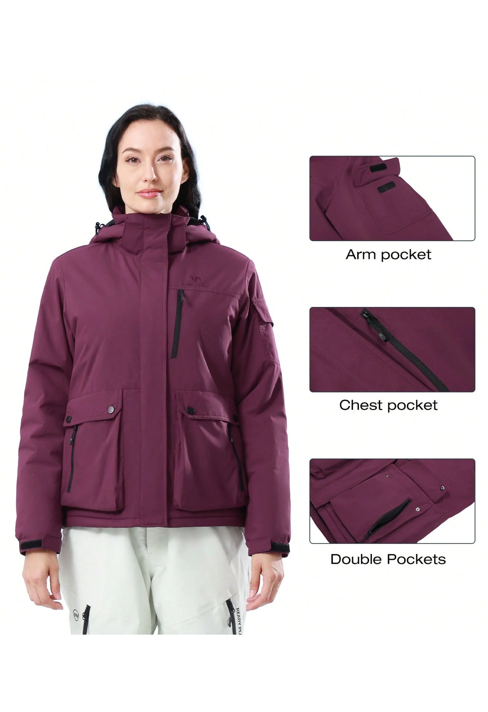Women's Winter Purple Regular Fit Short Waterproof Windproof Ski Jacket - Image 3