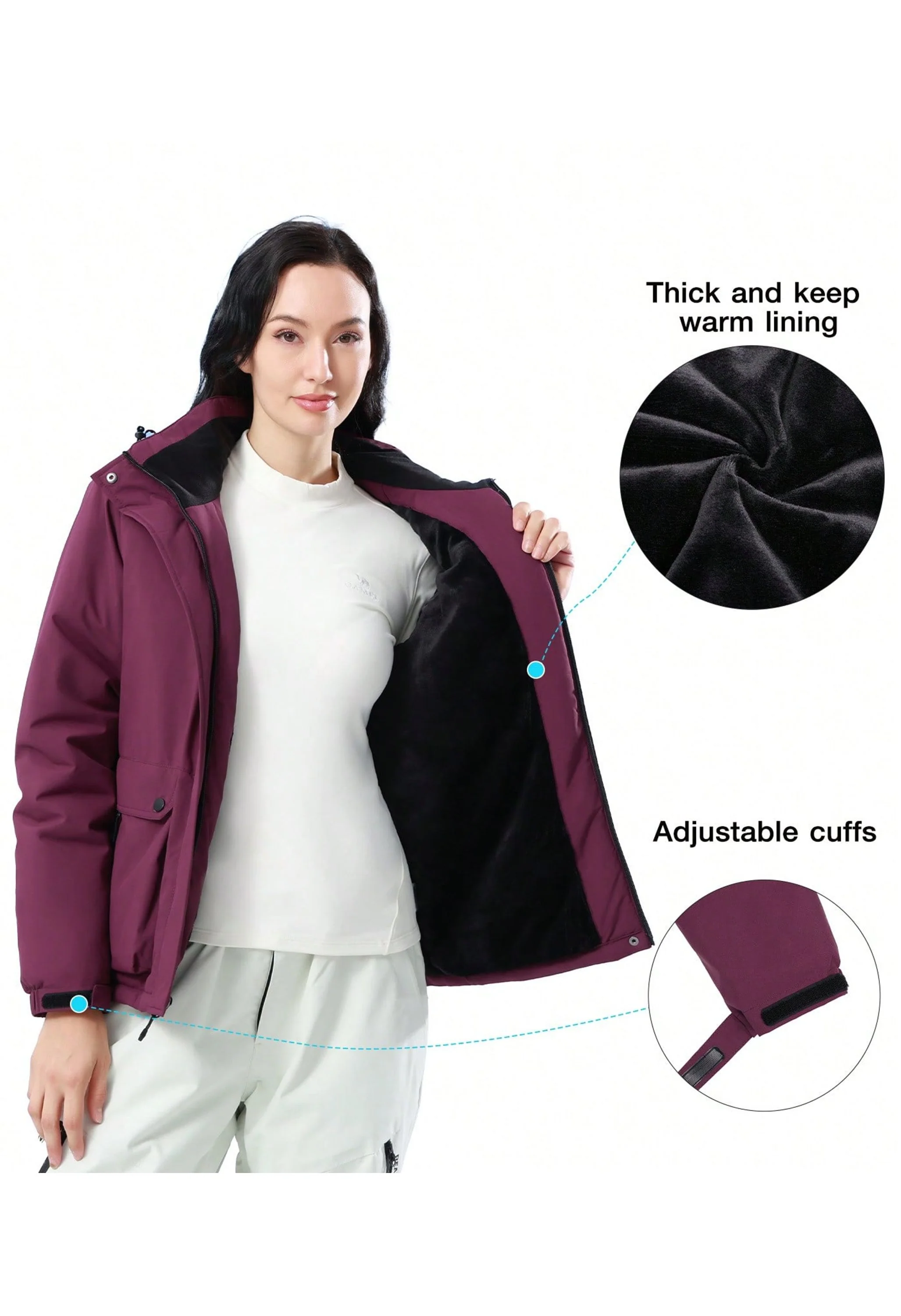Women's Winter Purple Regular Fit Short Waterproof Windproof Ski Jacket - Image 4