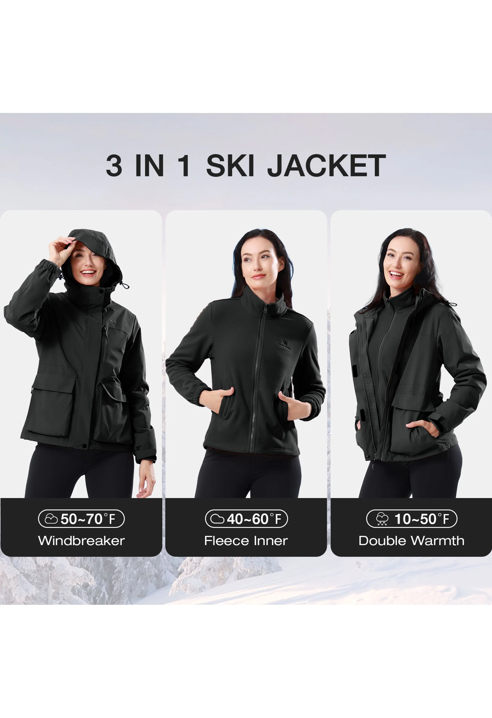 Women's Ski Black Regular Fit Short Waterproof Windproof 3in1 Jacket - Image 2
