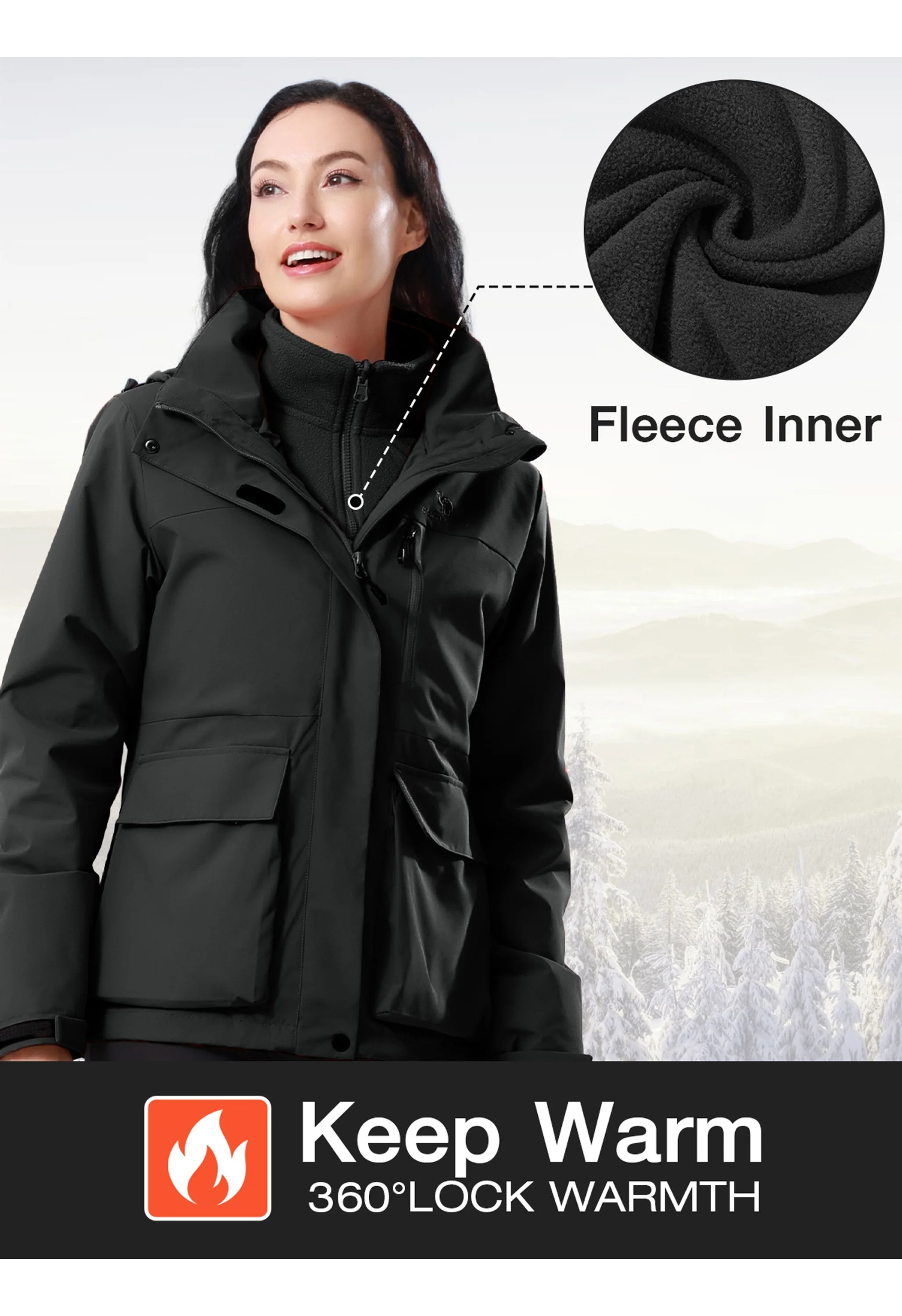Women's Ski Black Regular Fit Short Waterproof Windproof 3in1 Jacket - Image 4