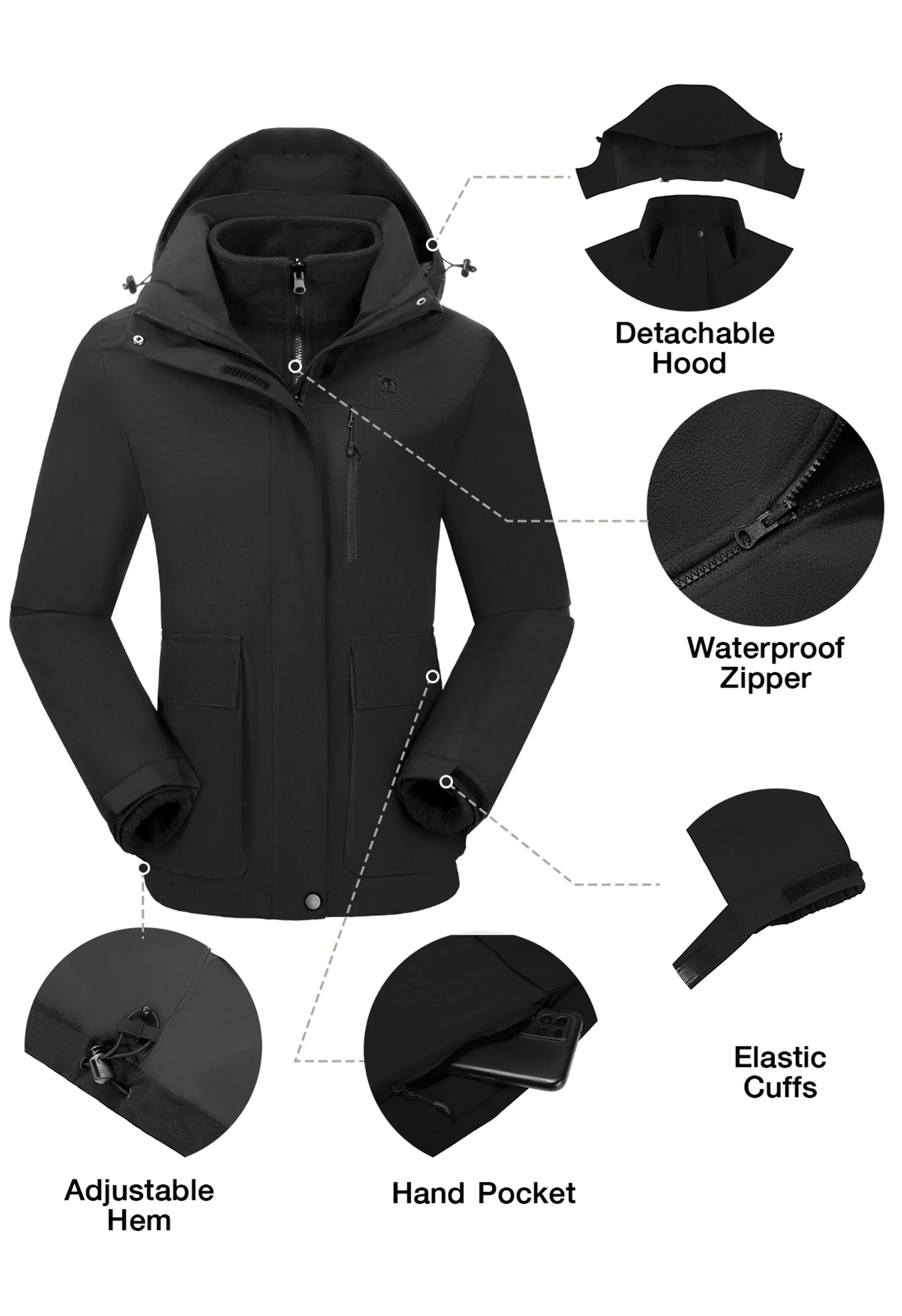 Women's Ski Black Regular Fit Short Waterproof Windproof 3in1 Jacket - Image 5