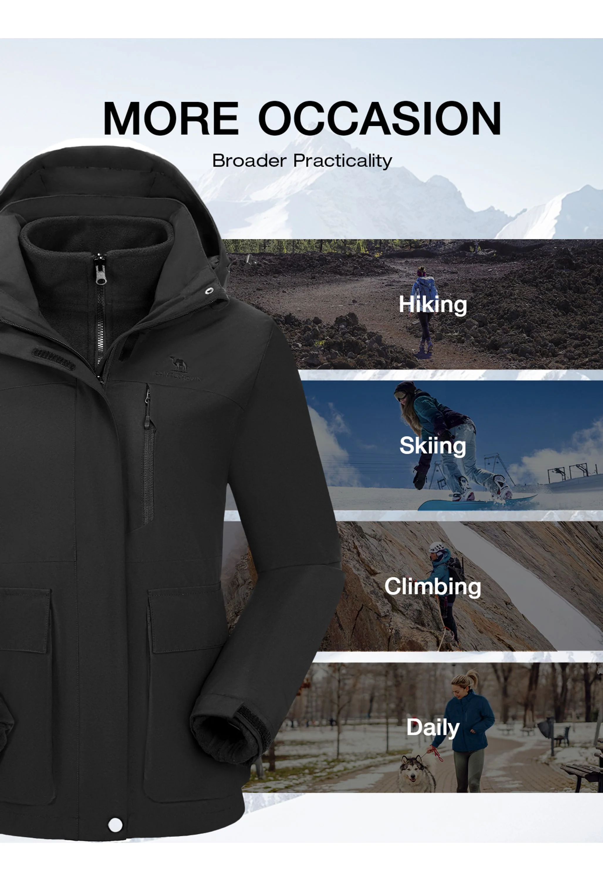 Women's Ski Black Regular Fit Short Waterproof Windproof 3in1 Jacket - Image 6