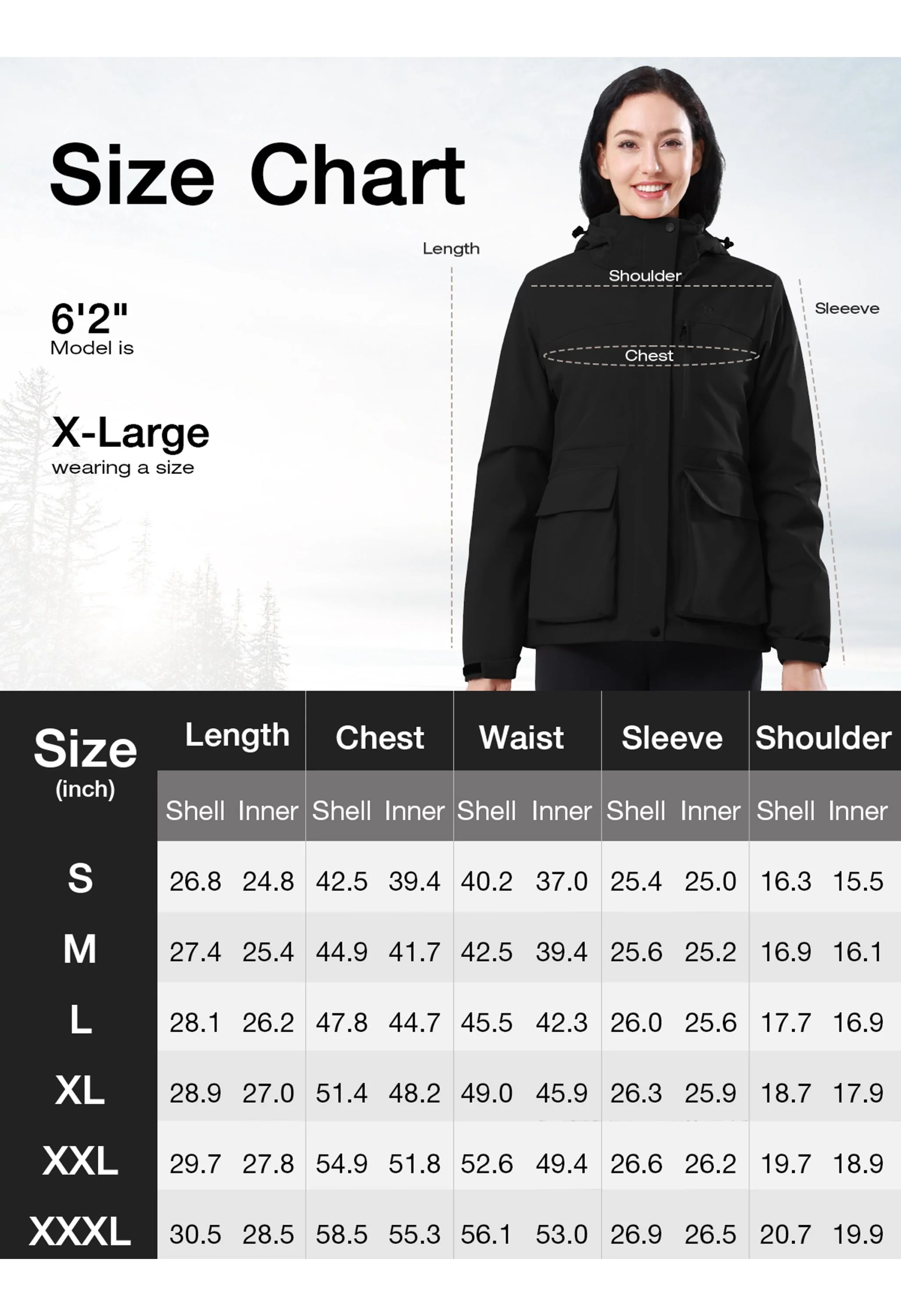 Women's Ski Black Regular Fit Short Waterproof Windproof 3in1 Jacket - Image 7