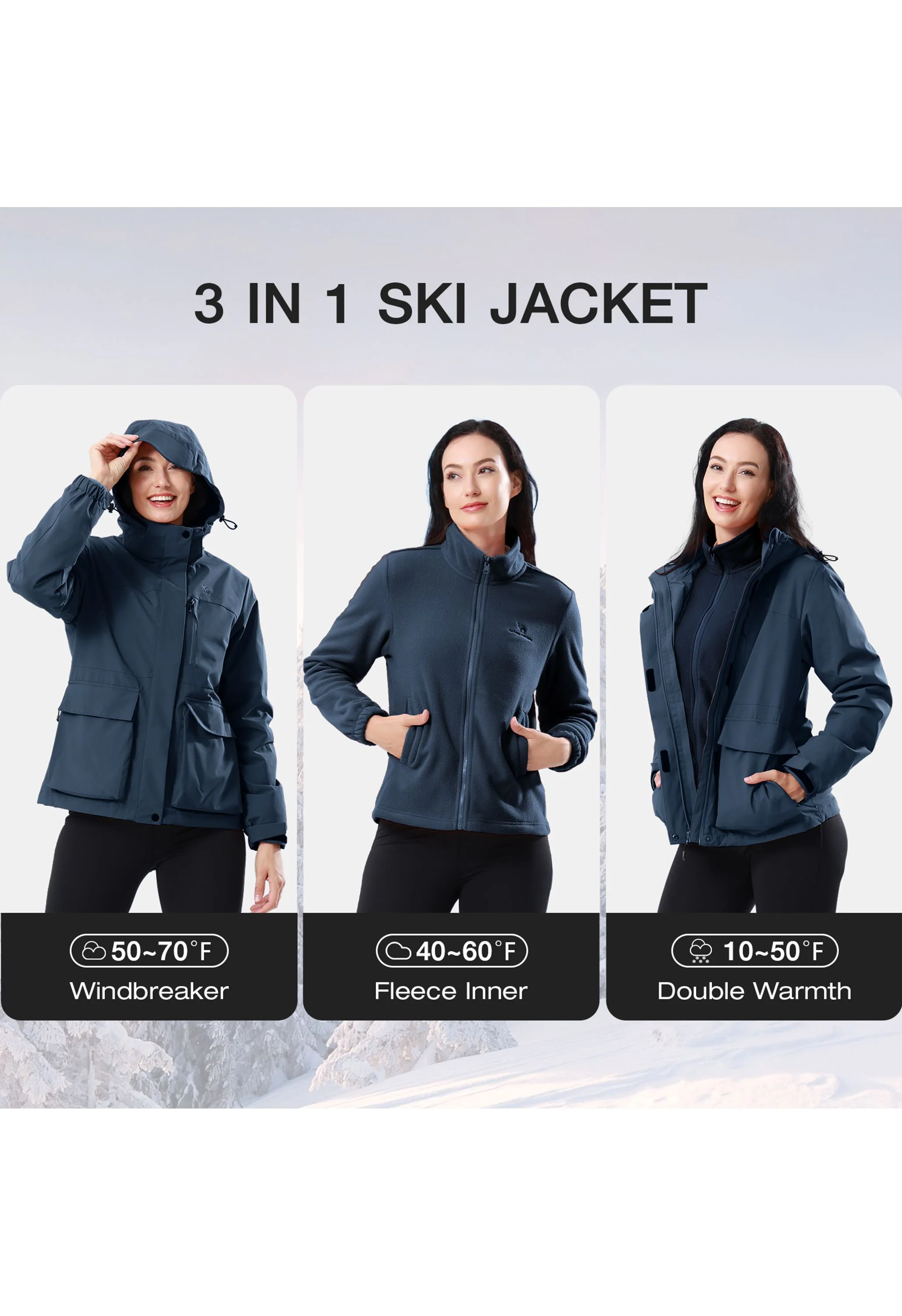 Women's Ski Blue Regular Fit Short Waterproof Windproof 3in1 Jacket - Image 2