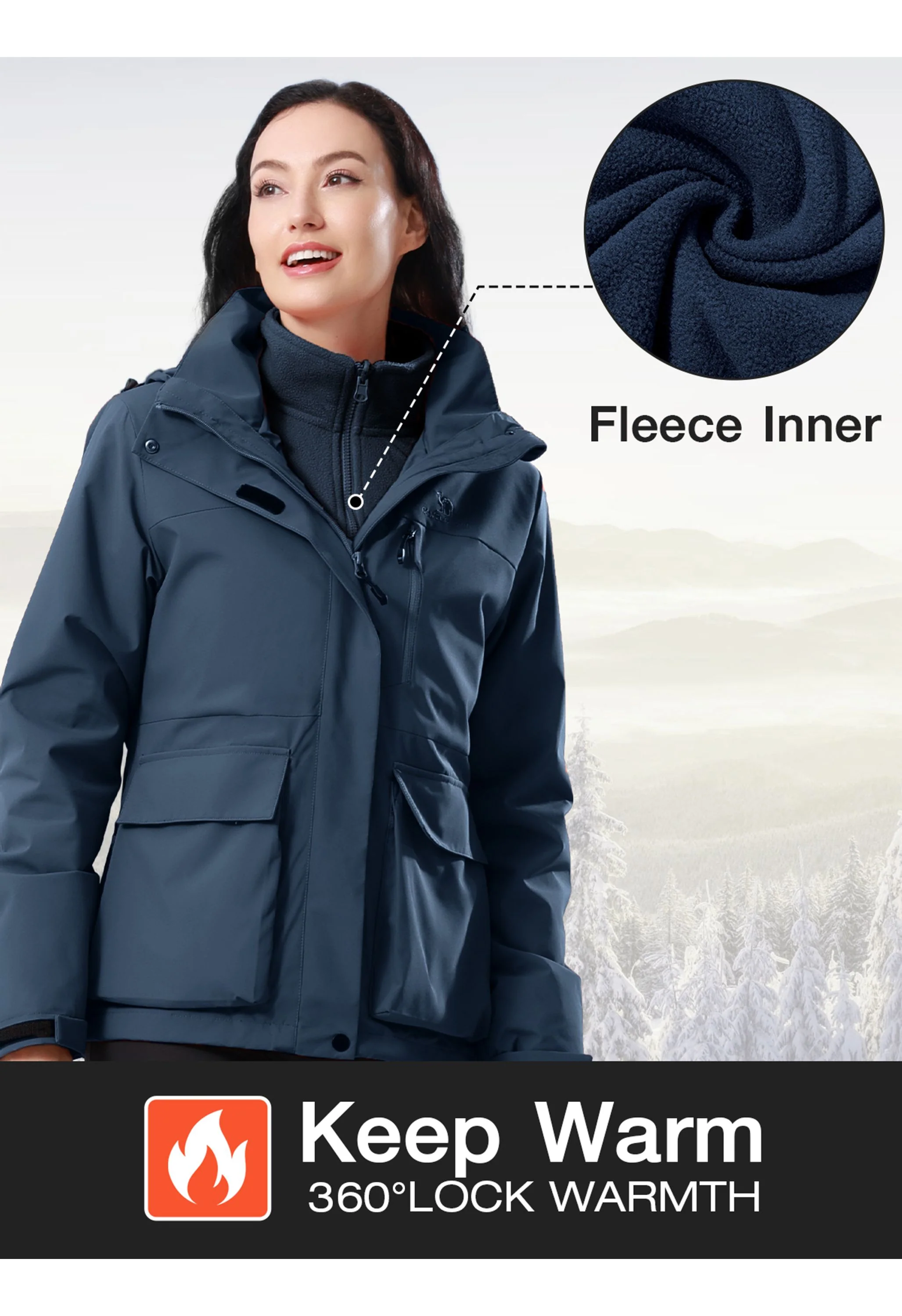 Women's Ski Blue Regular Fit Short Waterproof Windproof 3in1 Jacket - Image 4