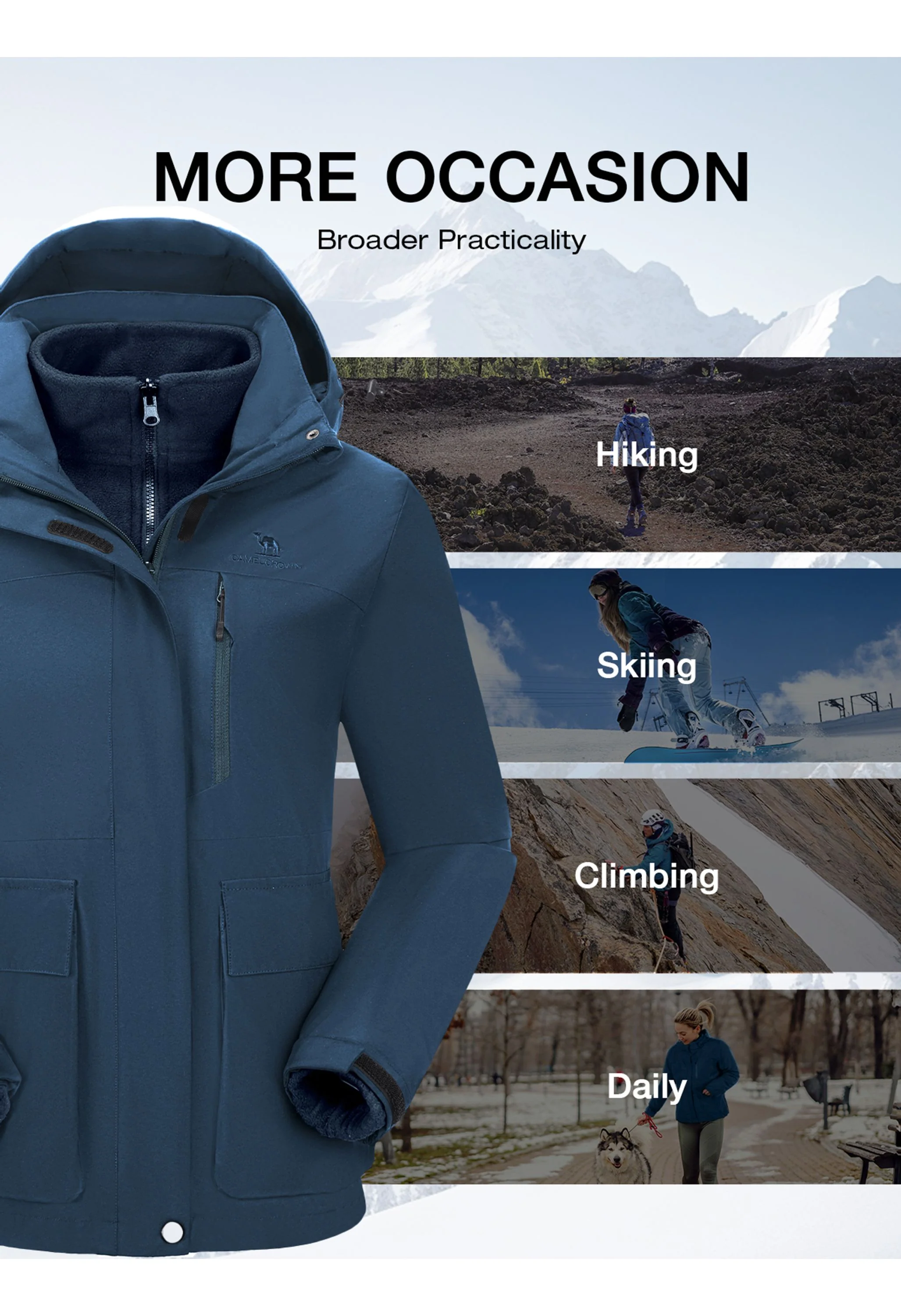 Women's Ski Blue Regular Fit Short Waterproof Windproof 3in1 Jacket - Image 6
