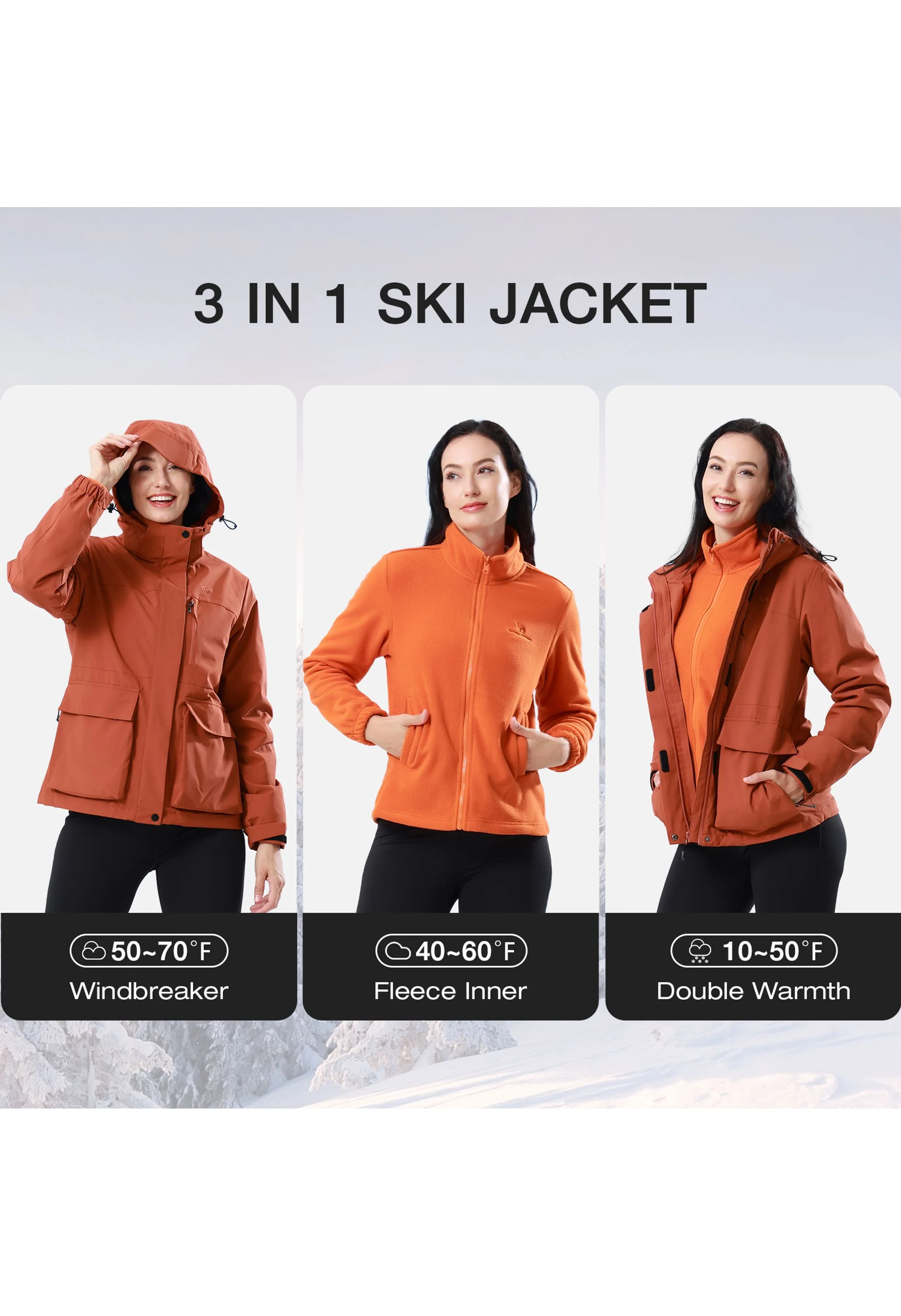Women's Ski Red Regular Fit Short Waterproof Windproof 3in1 Jacket - Image 2