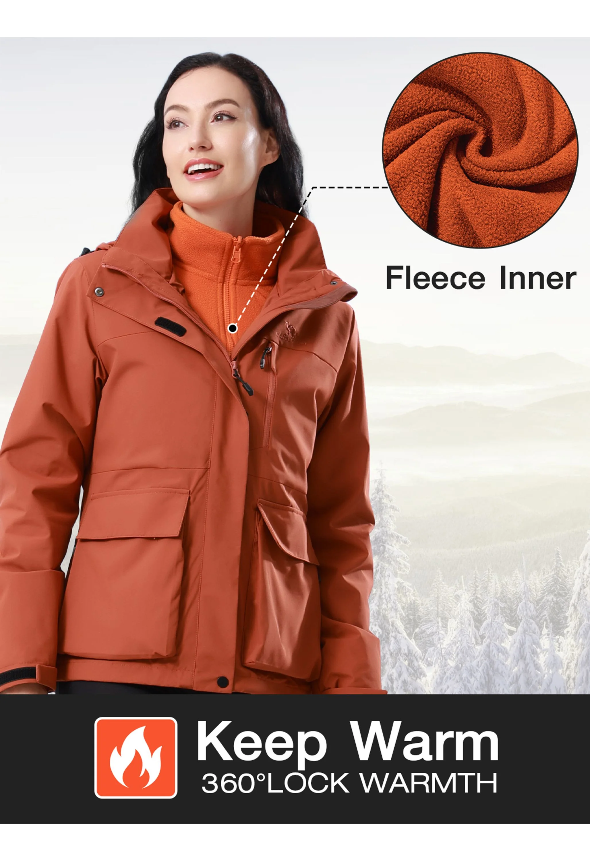 Women's Ski Red Regular Fit Short Waterproof Windproof 3in1 Jacket - Image 4