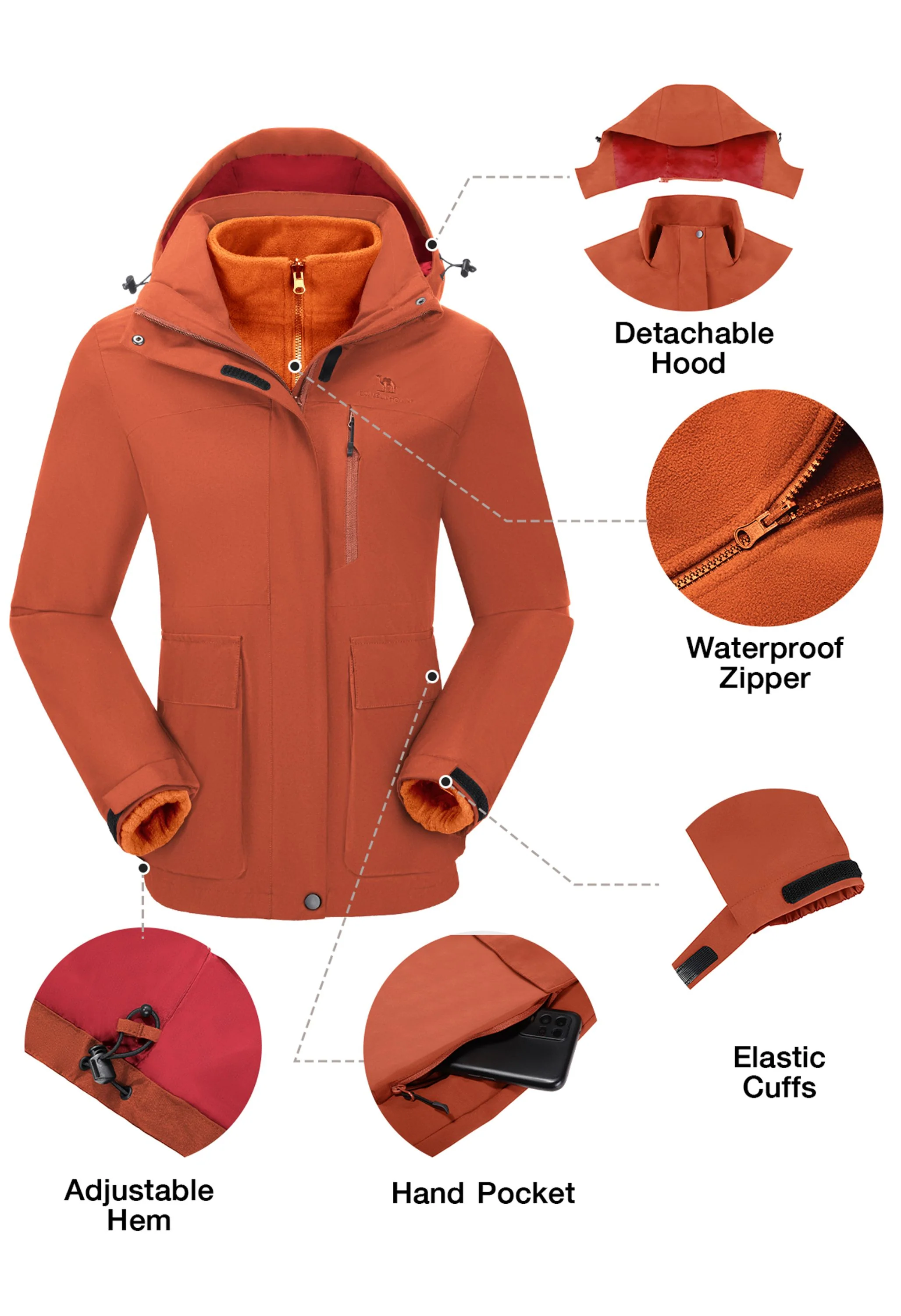 Women's Ski Red Regular Fit Short Waterproof Windproof 3in1 Jacket - Image 5