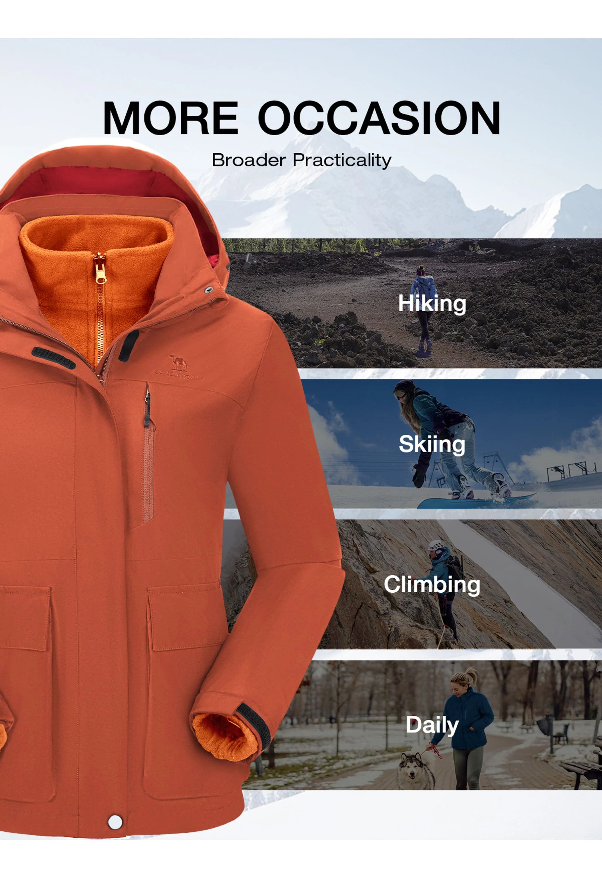 Women's Ski Red Regular Fit Short Waterproof Windproof 3in1 Jacket - Image 6