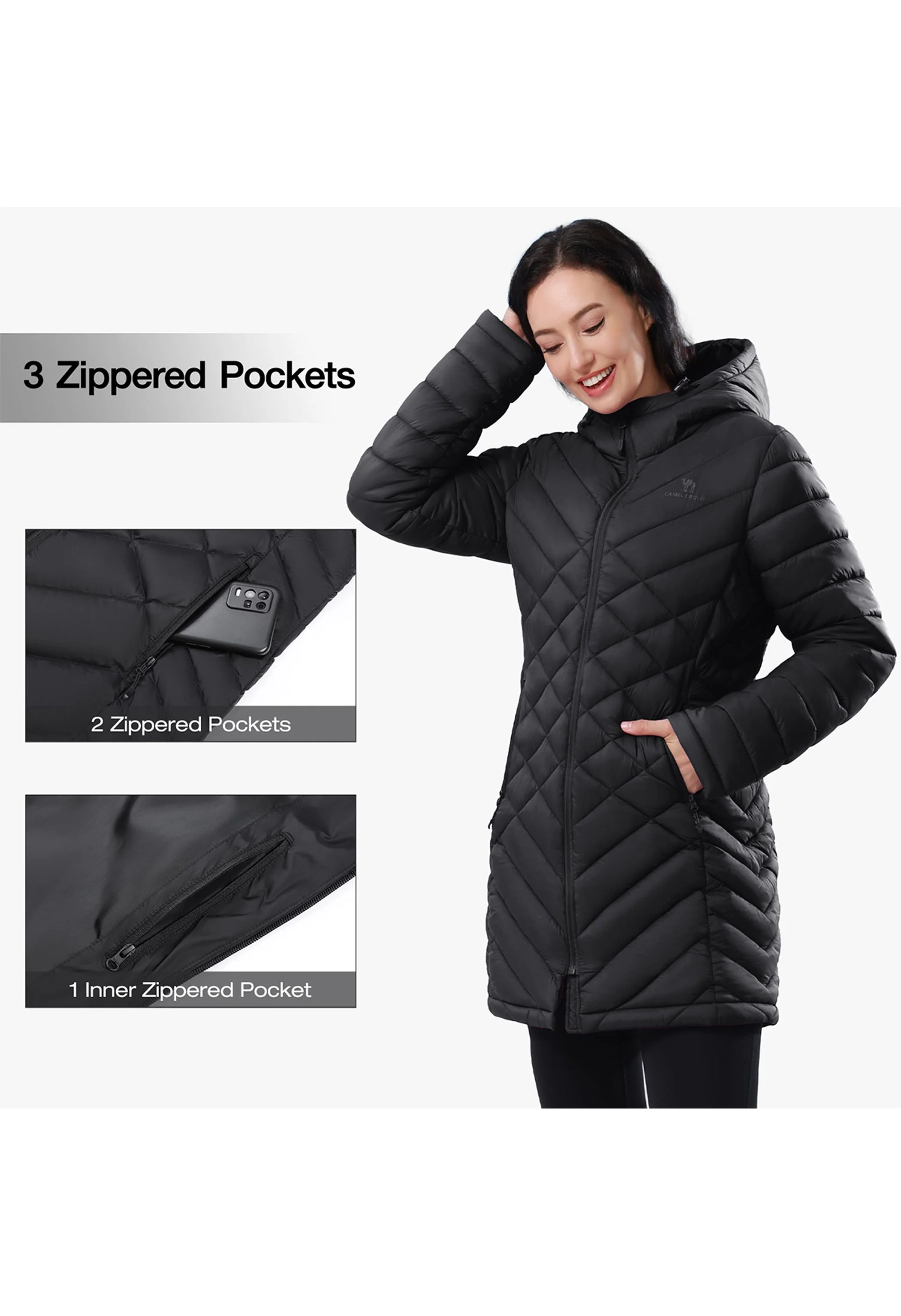 Women's Winter Black Regular Fit Long Lightweight Windproof Down Jacket - Image 8