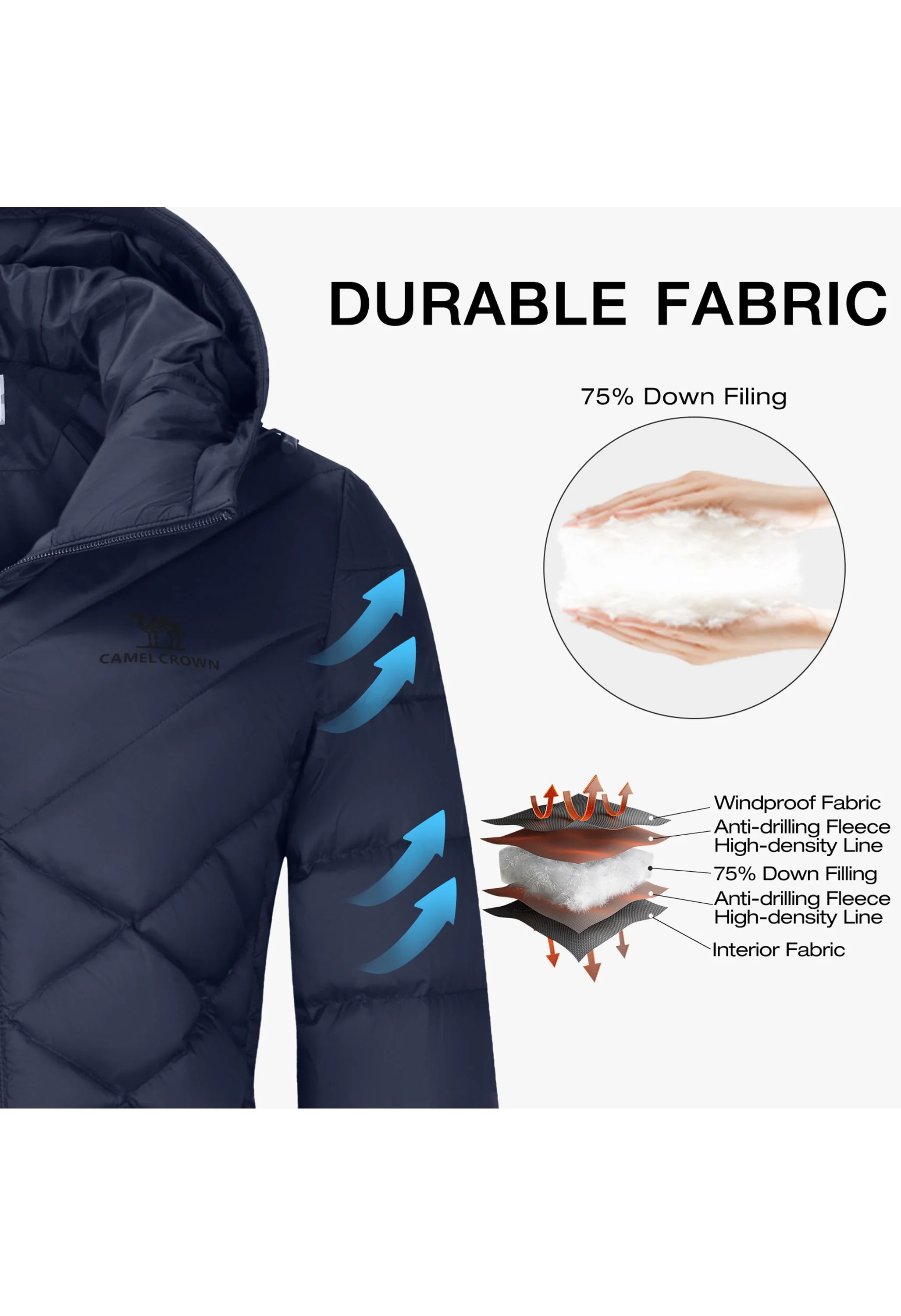 Women's Winter Blue Regular Fit Long Lightweight Windproof Down Jacket - Image 3