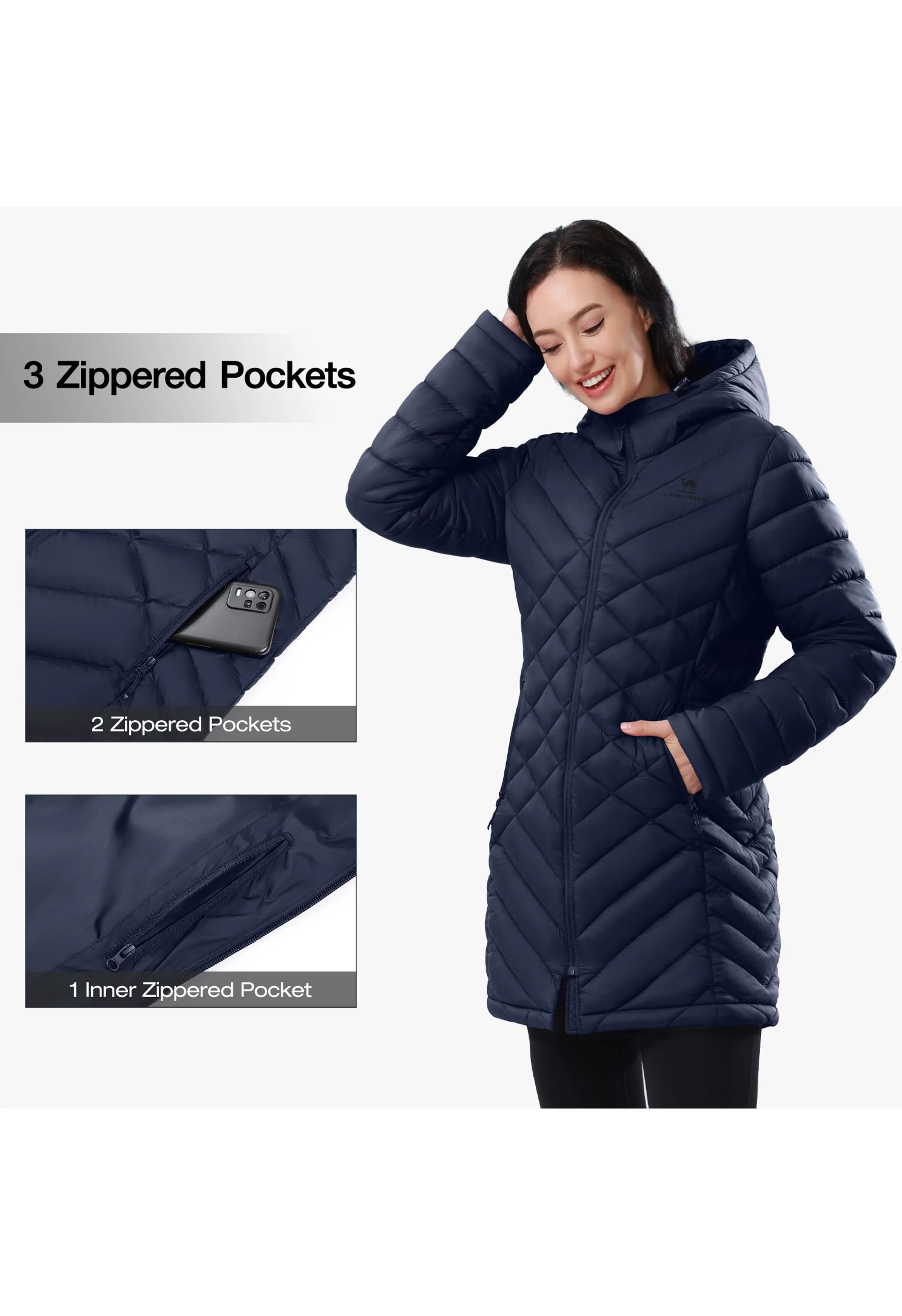Women's Winter Blue Regular Fit Long Lightweight Windproof Down Jacket - Image 4