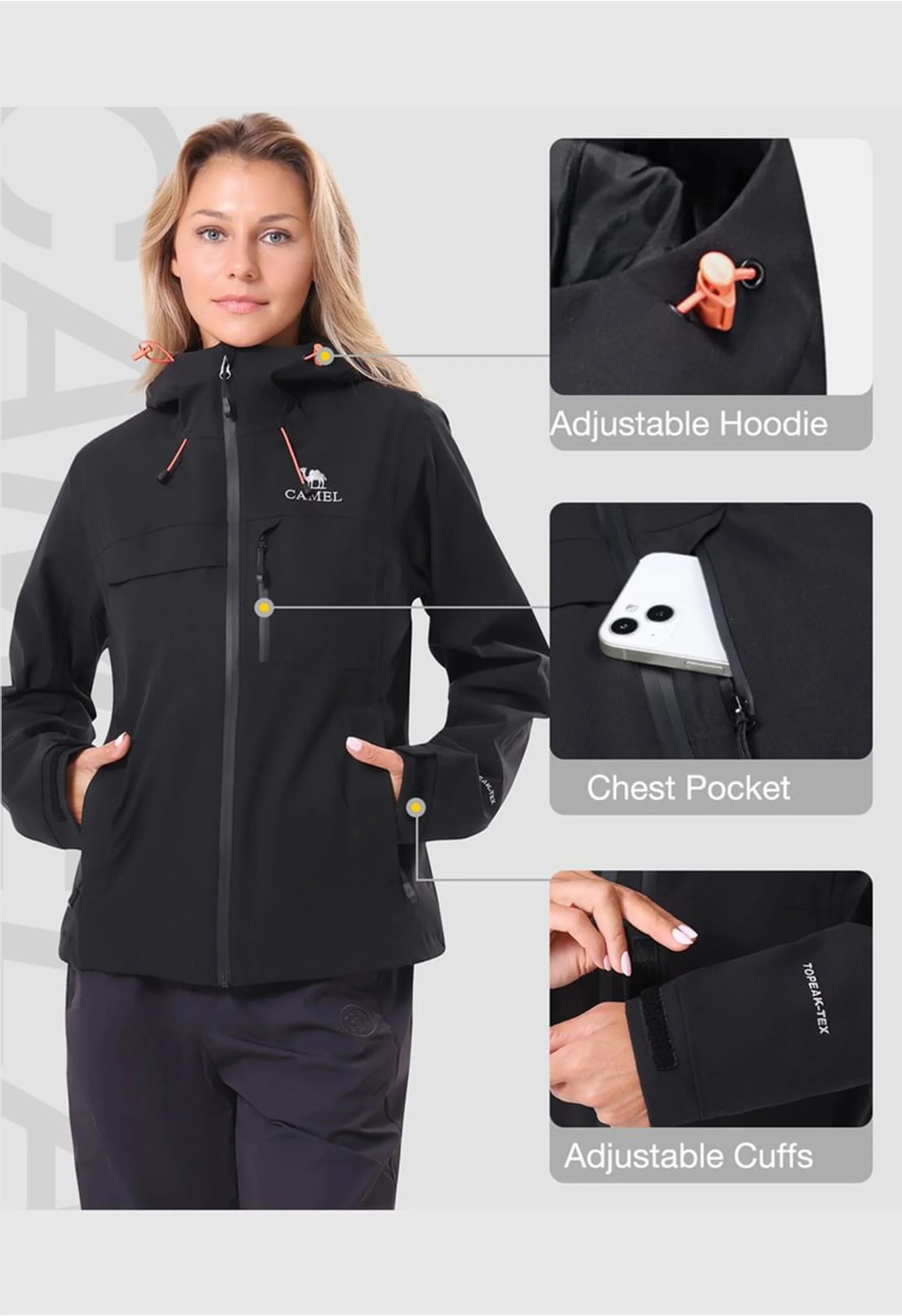 Women's Hiking Black Regular Fit Short Lightweight Waterproof Windproof Jacket - Image 3