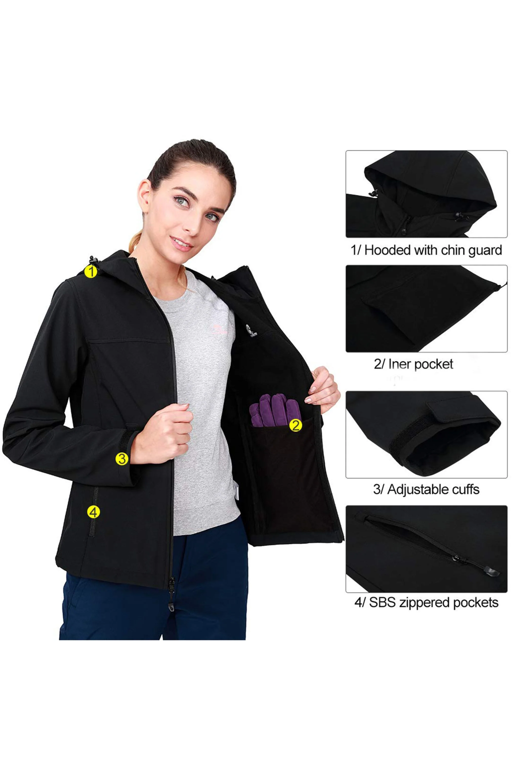 Women's Fall Black Regular Fit Short Lightweight Waterproof Softshell Jackets - Image 3