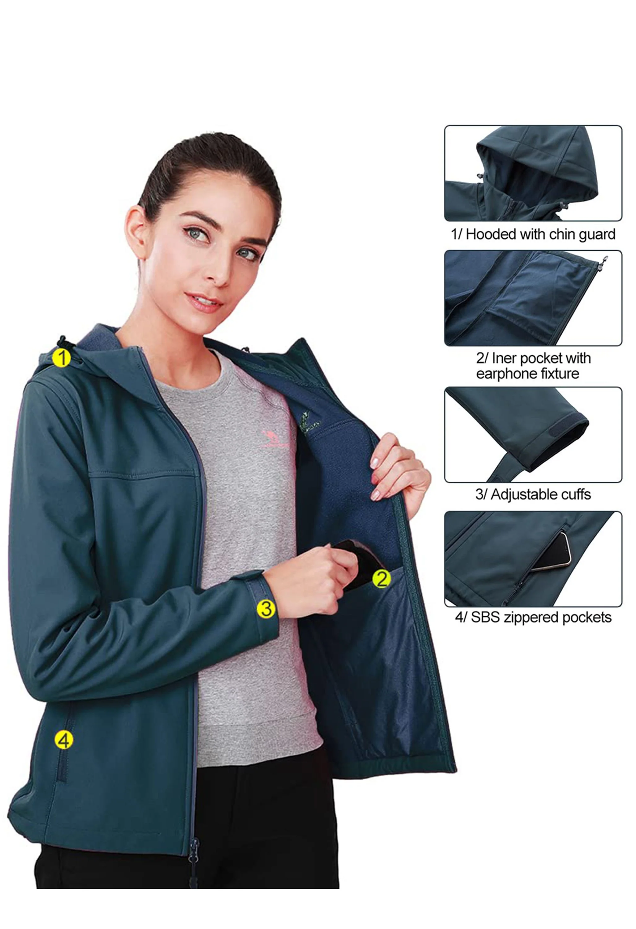Women's Fall Deep Blue Regular Fit Short Lightweight Waterproof Softshell Jackets - Image 3
