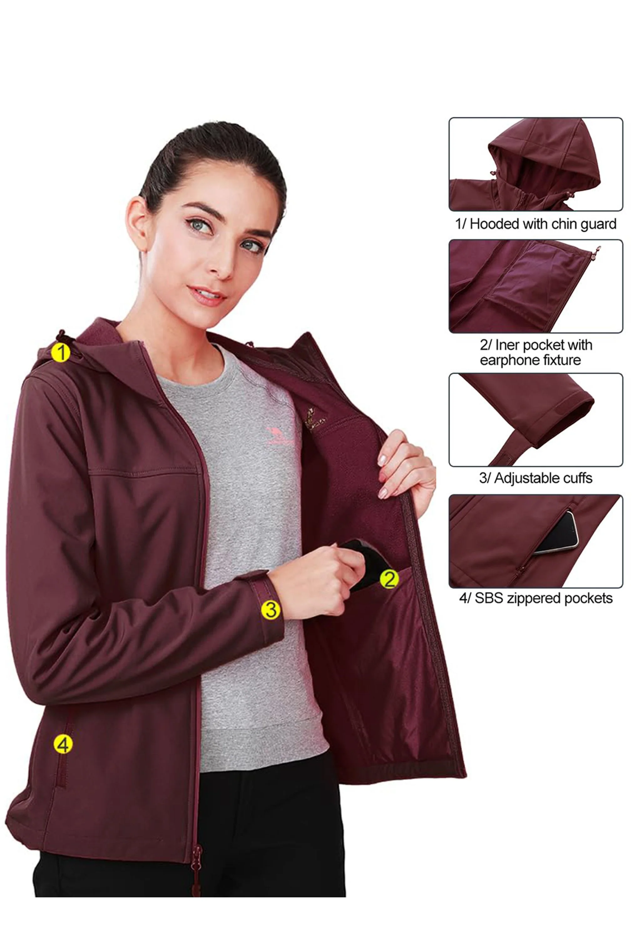 Women's Fall Purple Regular Fit Short Lightweight Waterproof Softshell Jackets - Image 3
