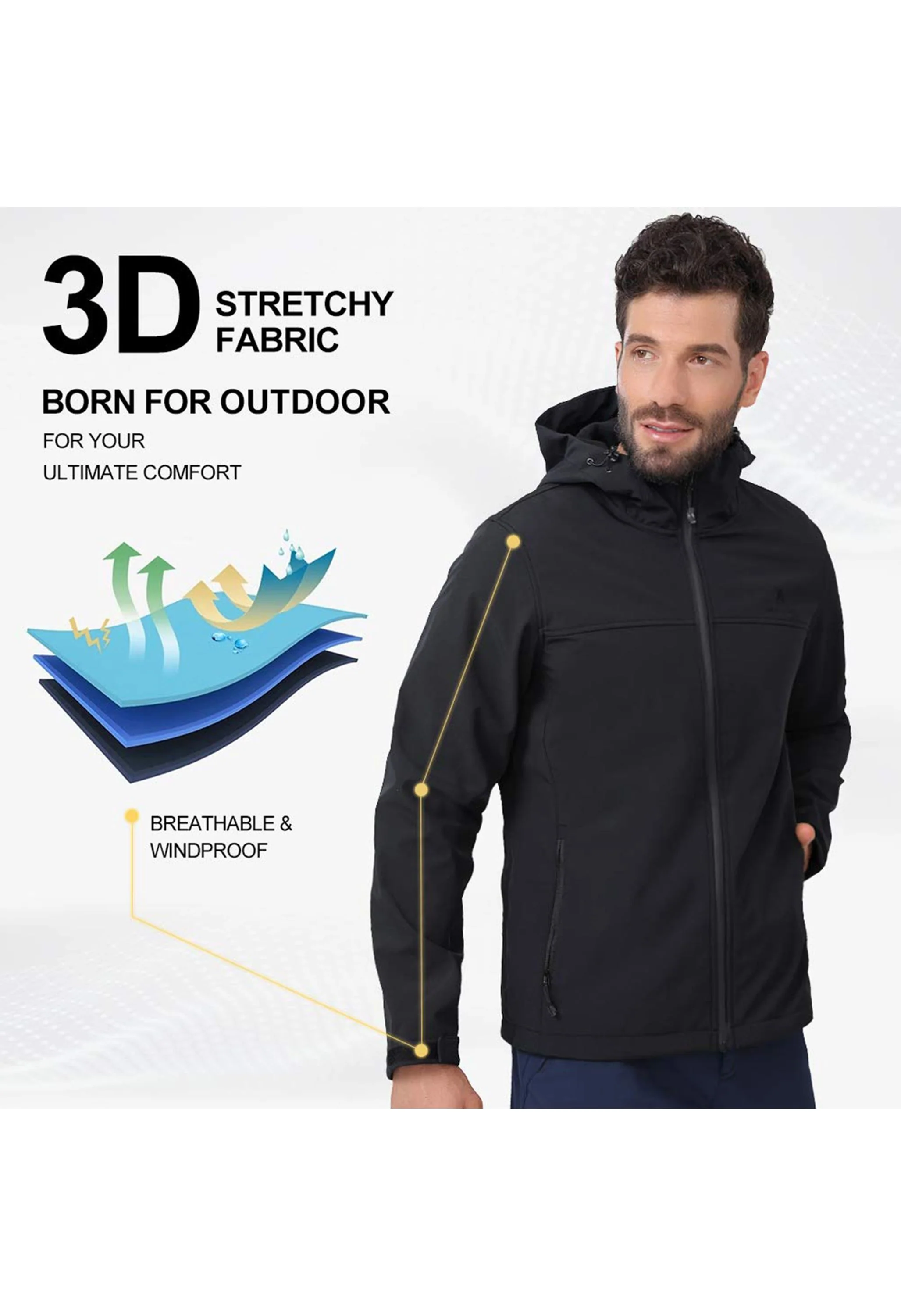 Men's Fall Black Regular Fit Short Lightweight Waterproof Softshell Jackets - Image 5