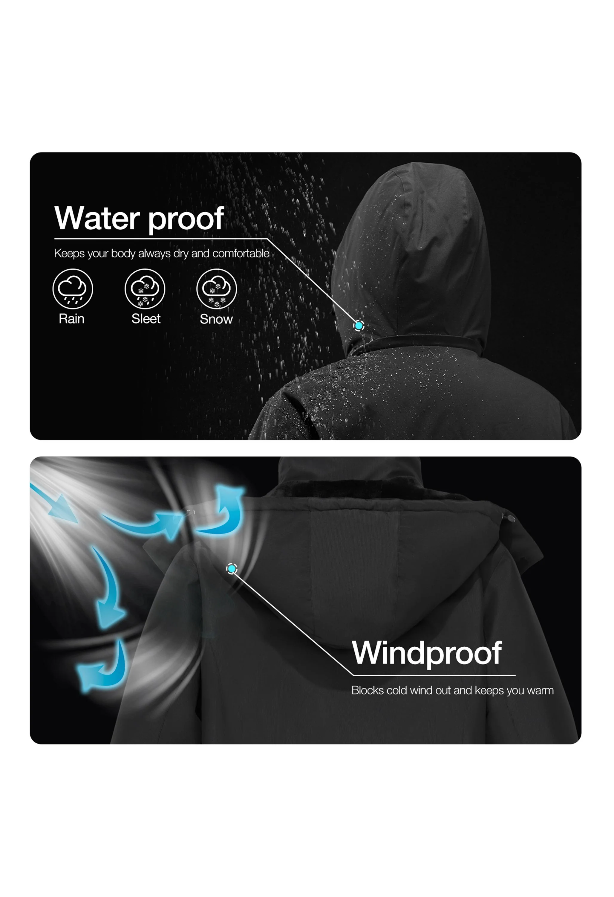Men's Winter Black Regular Fit Short Waterproof Windproof Ski Jacket - Image 3