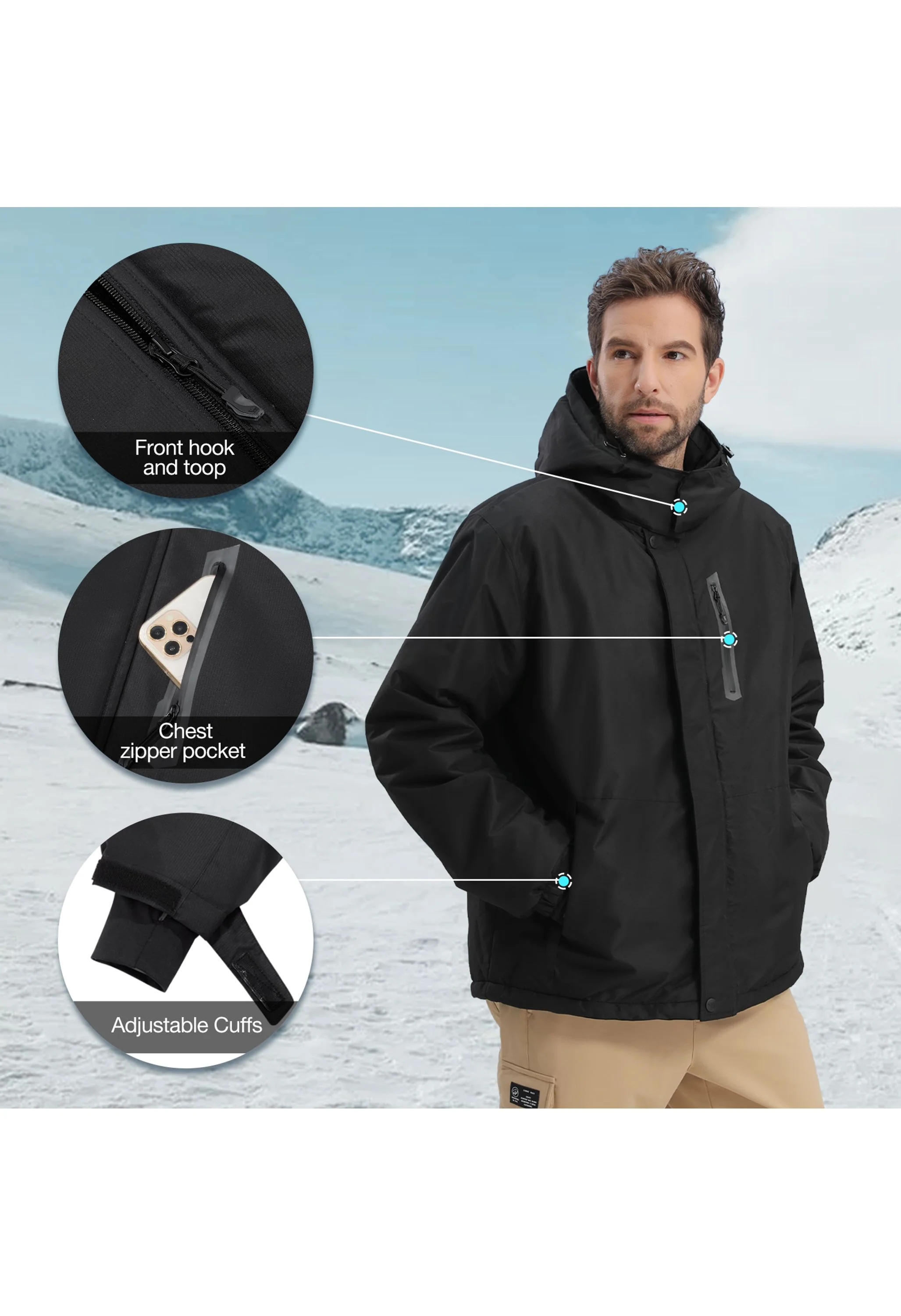 Men's Winter Black Regular Fit Short Waterproof Windproof Ski Jacket - Image 6