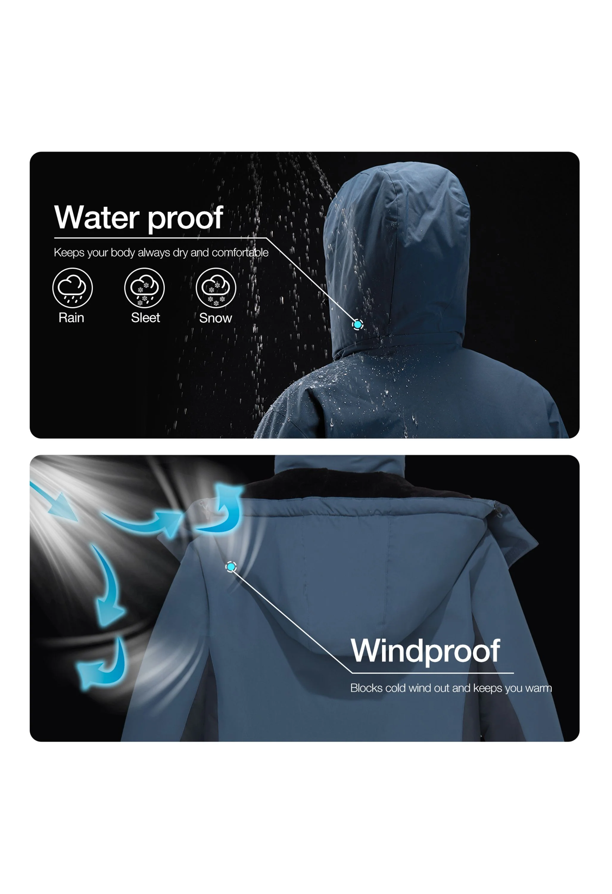 Men's Winter Blue Regular Fit Short Waterproof Windproof Ski Jacket - Image 3