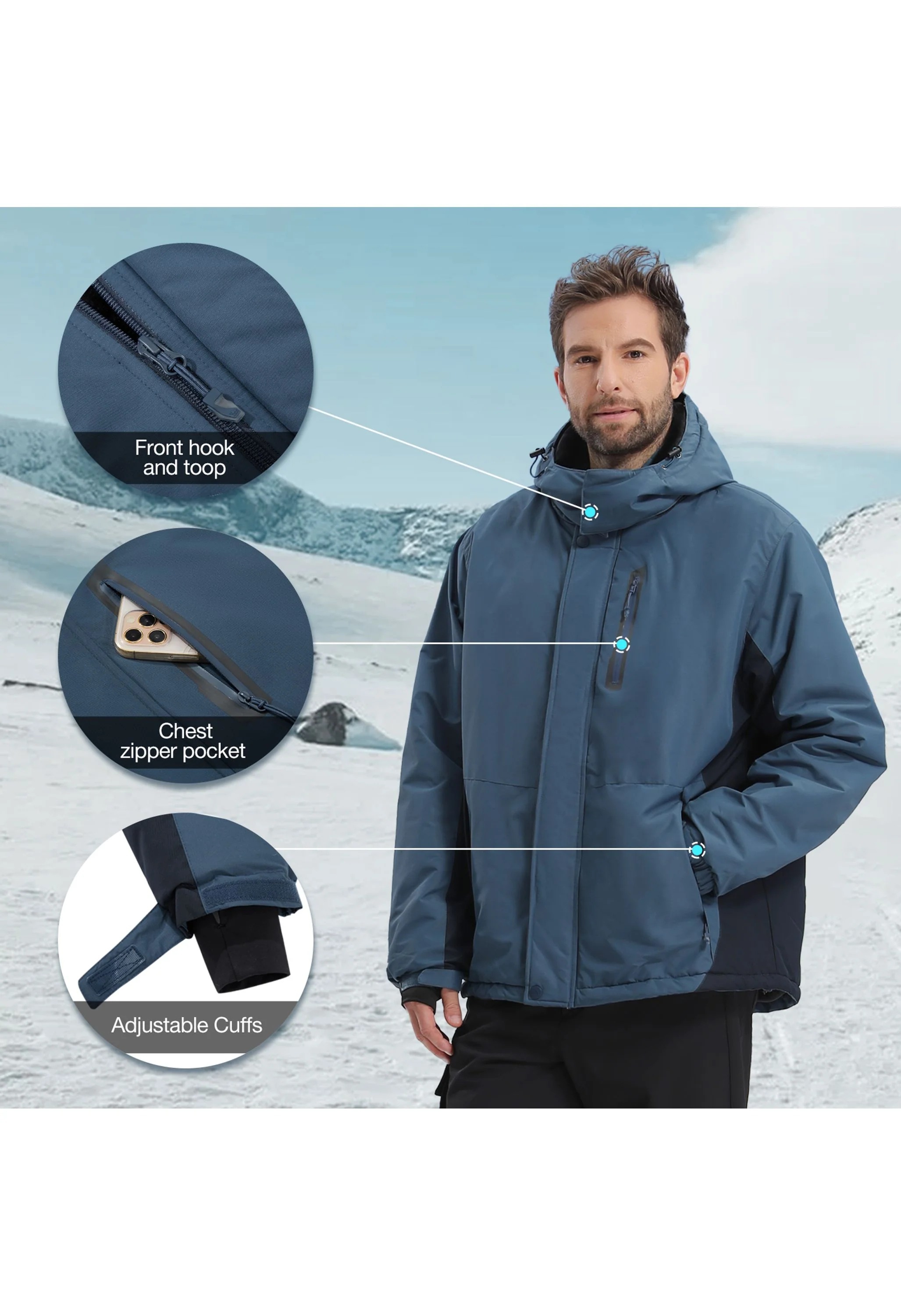 Men's Winter Blue Regular Fit Short Waterproof Windproof Ski Jacket - Image 6