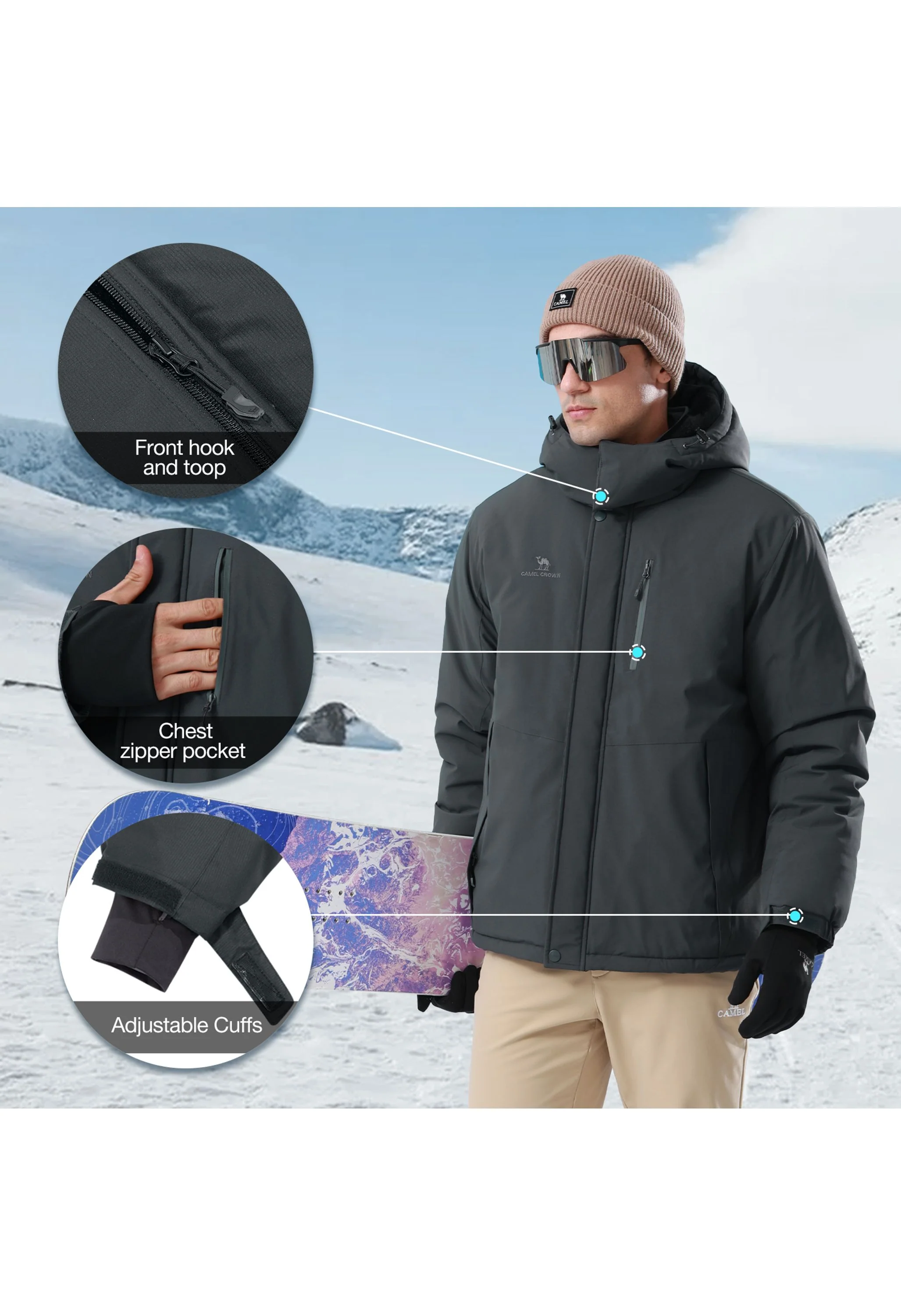Men's Winter Dark Gray Regular Fit Short Waterproof Windproof Ski Jacket - Image 4