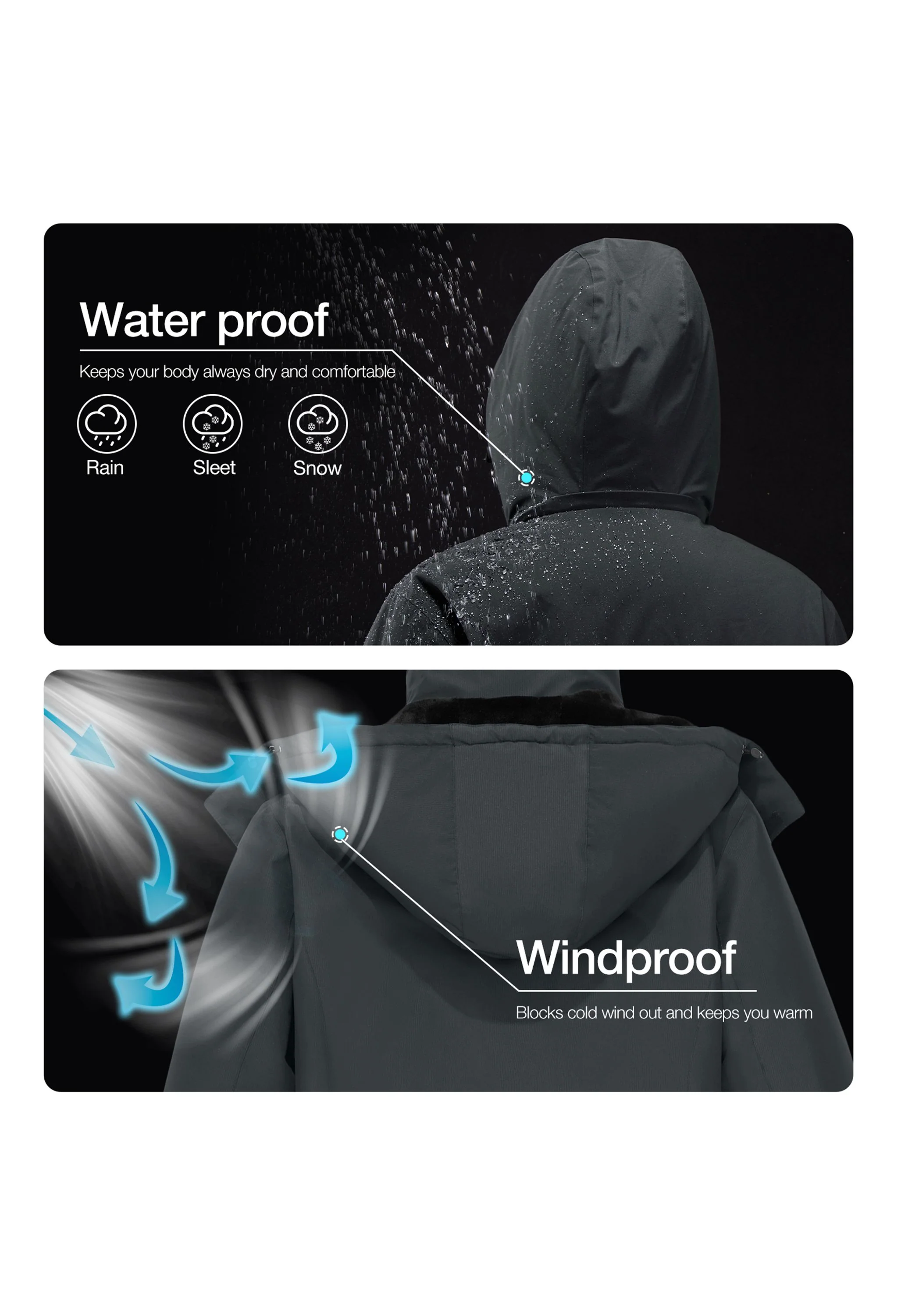 Men's Winter Dark Gray Regular Fit Short Waterproof Windproof Ski Jacket - Image 5