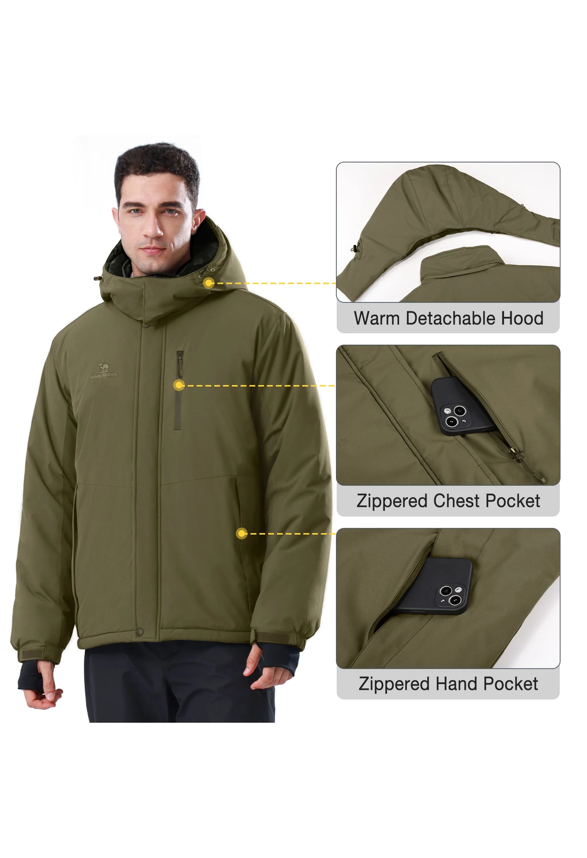 Men's Winter Dark Green Regular Fit Short Waterproof Windproof Ski Jacket - Image 6