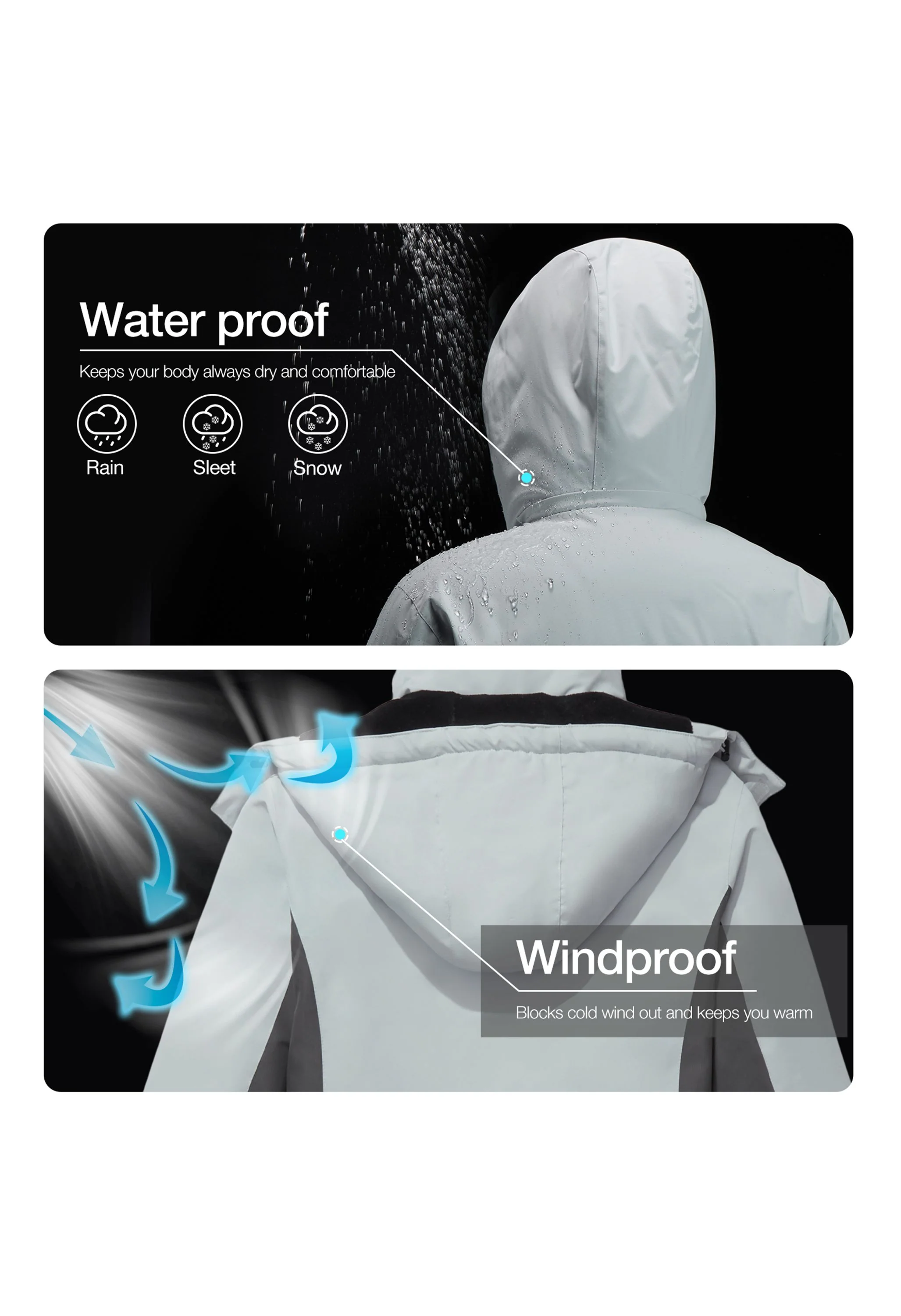 Men's Winter Gray Regular Fit Short Waterproof Windproof Ski Jacket - Image 3